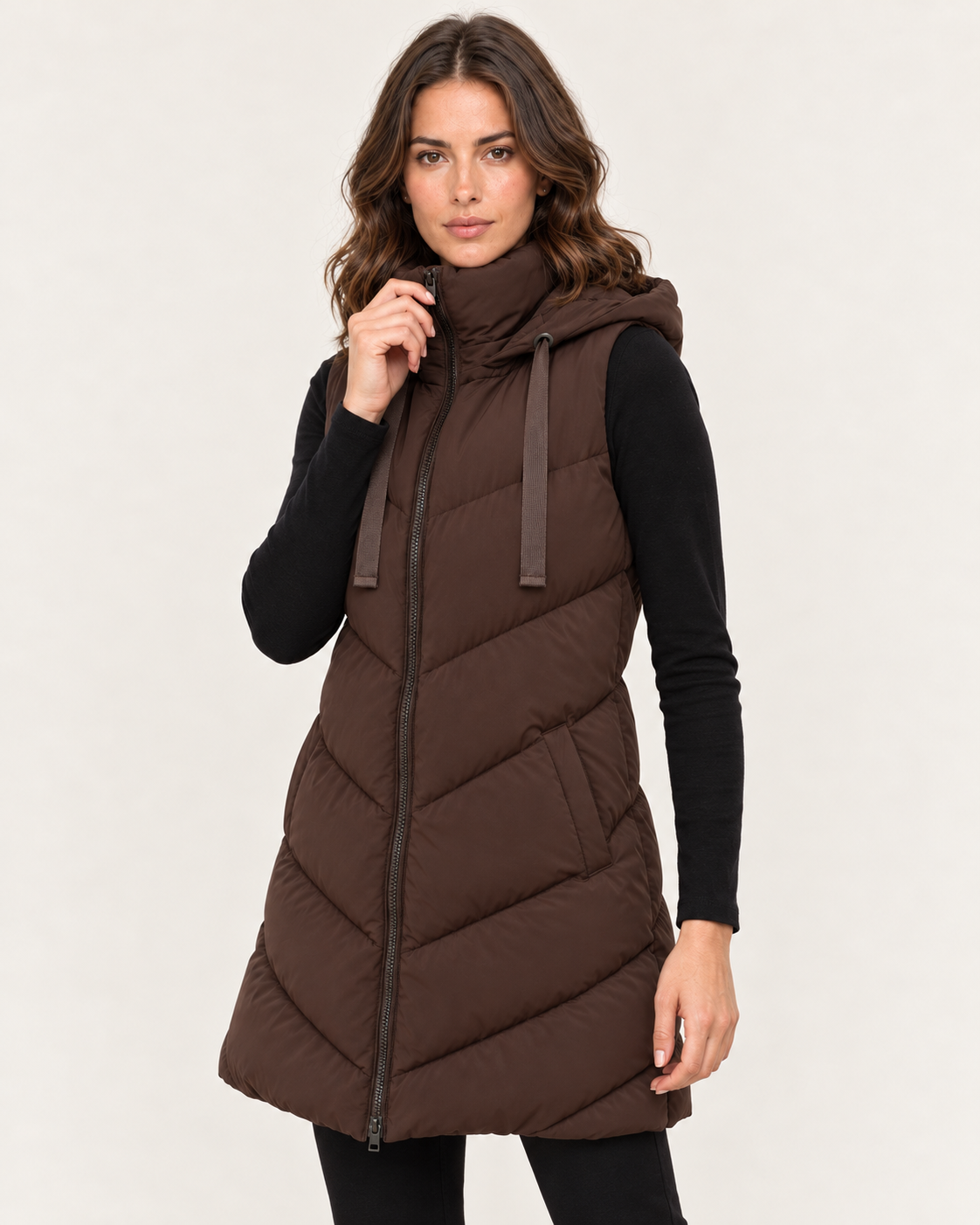 Women's Petite Longline Gilet with Chevron Quilting and Hood