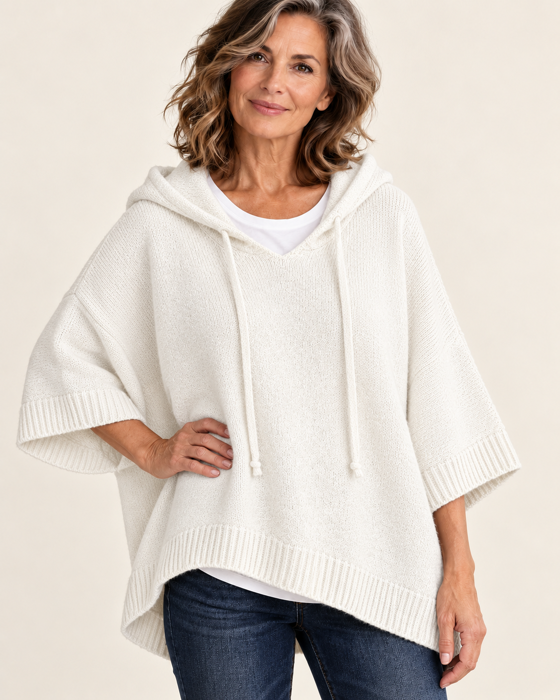 Women's Knitted Hoodie with Oversized Batwing Sleeves in White