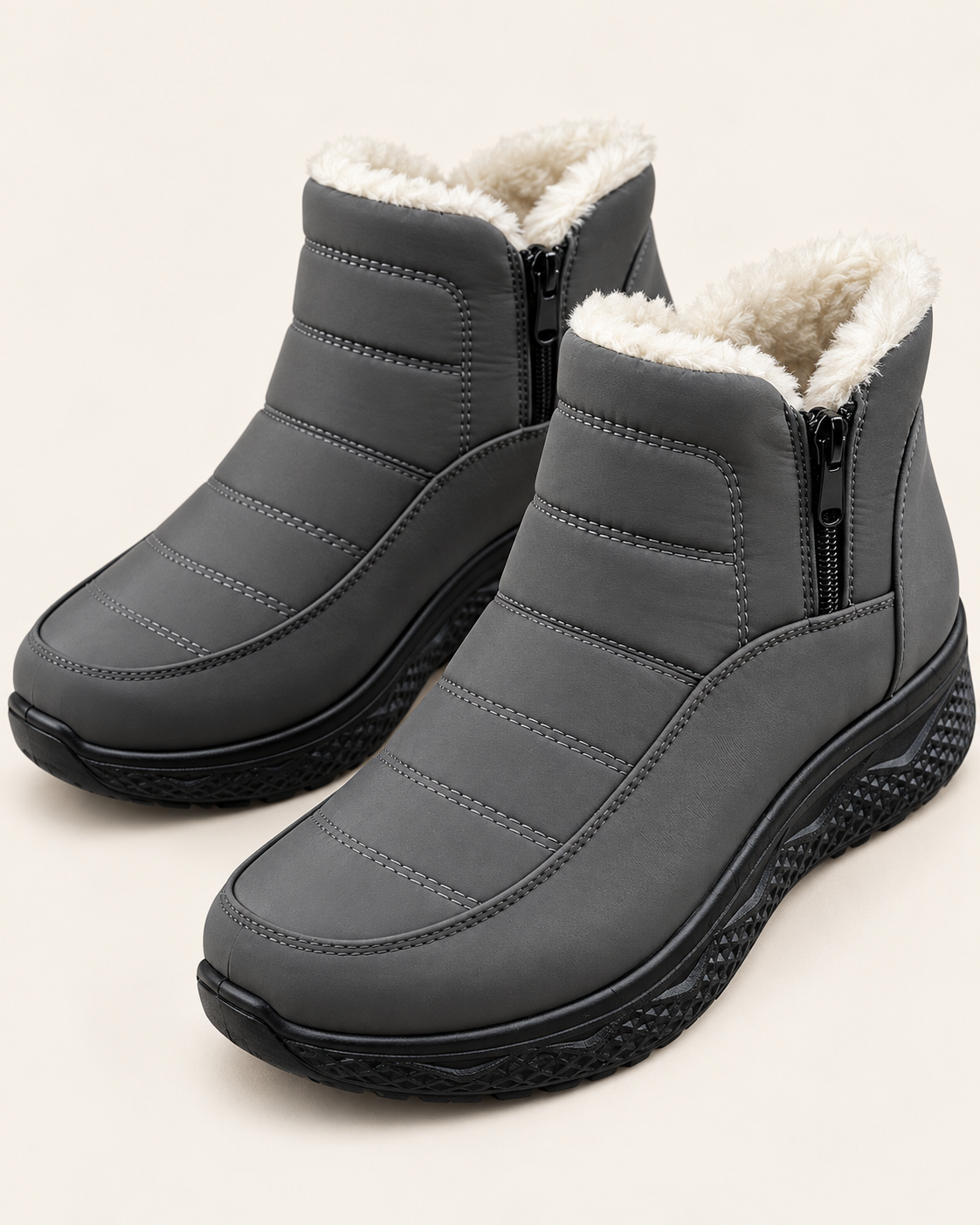 Women's Plush Lined Quilted Ankle Boots with Front Zip in Grey