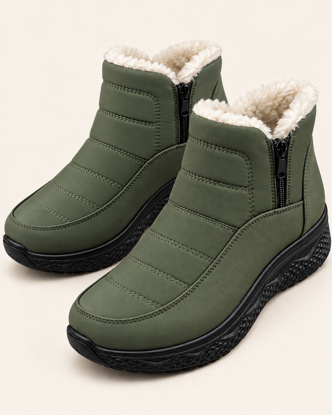 Women's Plush Lined Quilted Ankle Boots with Front Zip in Olive Green