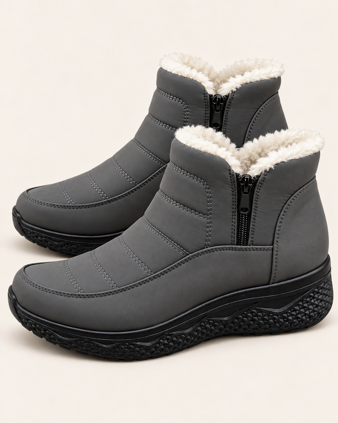 Women's Plush Lined Quilted Ankle Boots with Front Zip in Grey, side view