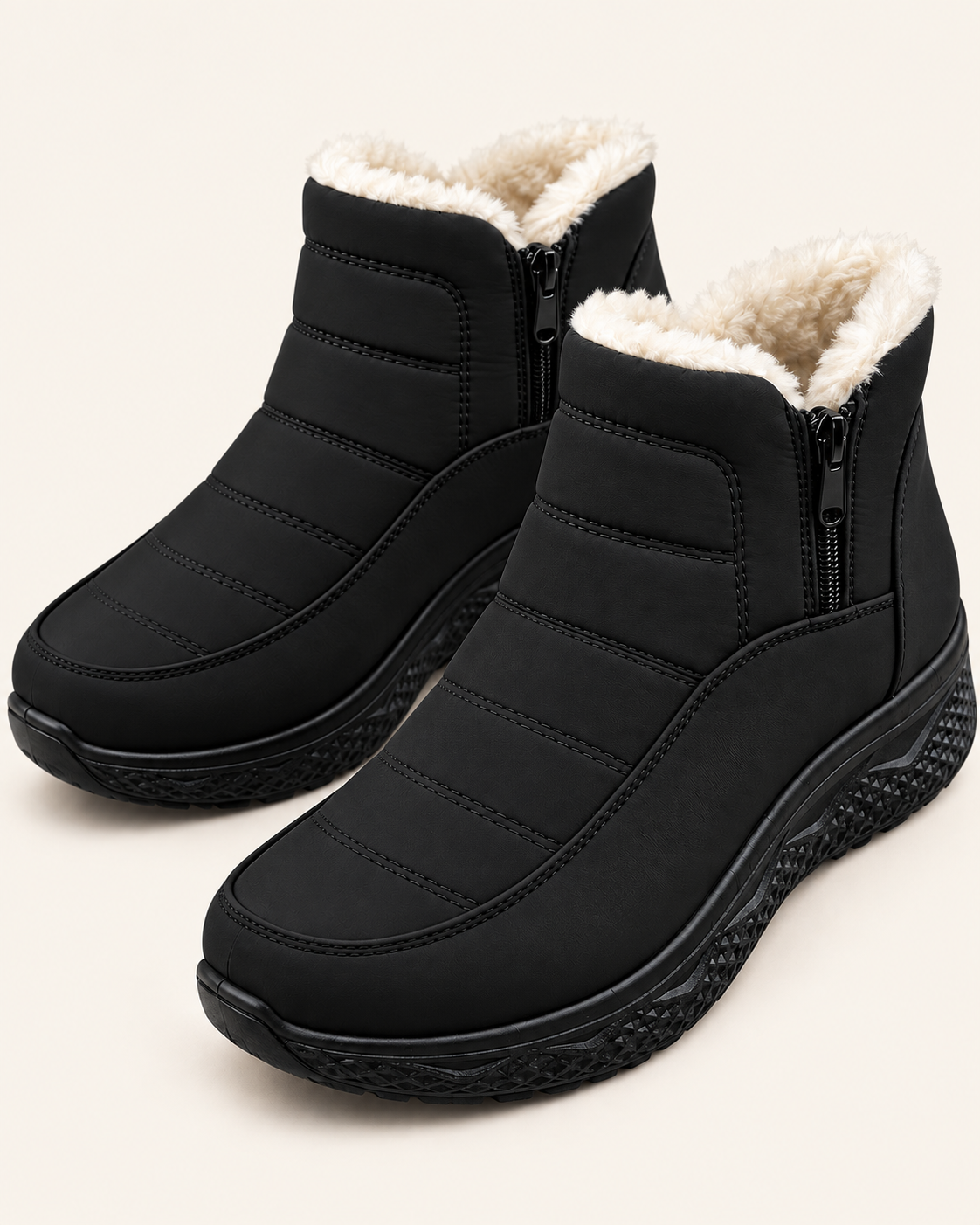 Women's Plush Lined Quilted Ankle Boots with Front Zip in Black