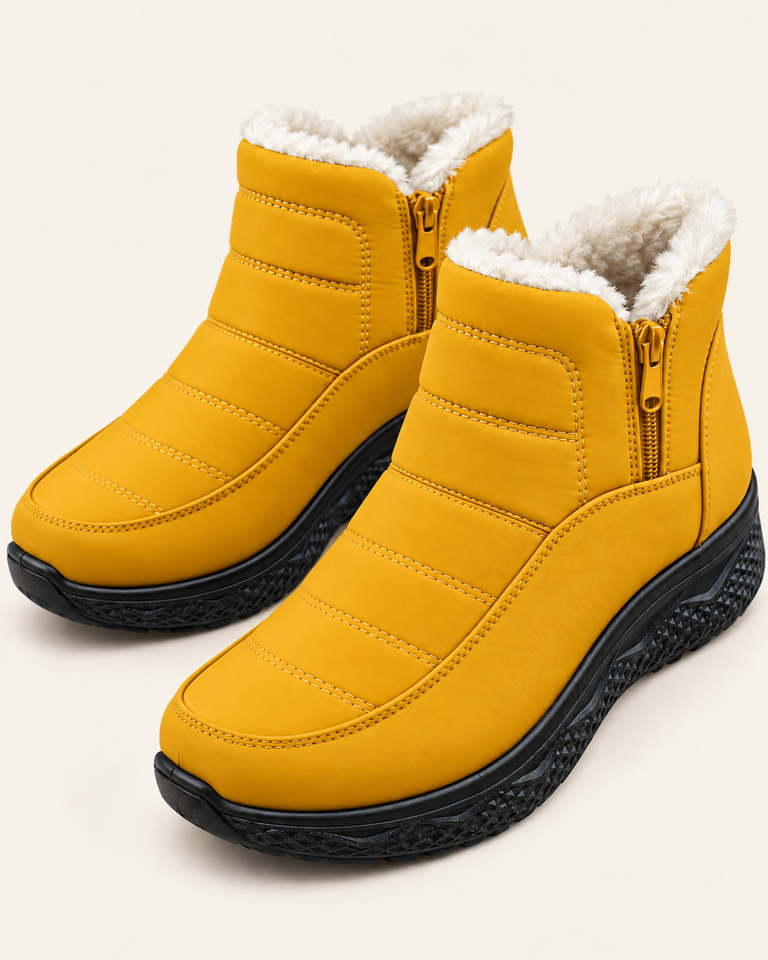 Women's Plush Lined Quilted Ankle Boots with Front Zip in Yellow