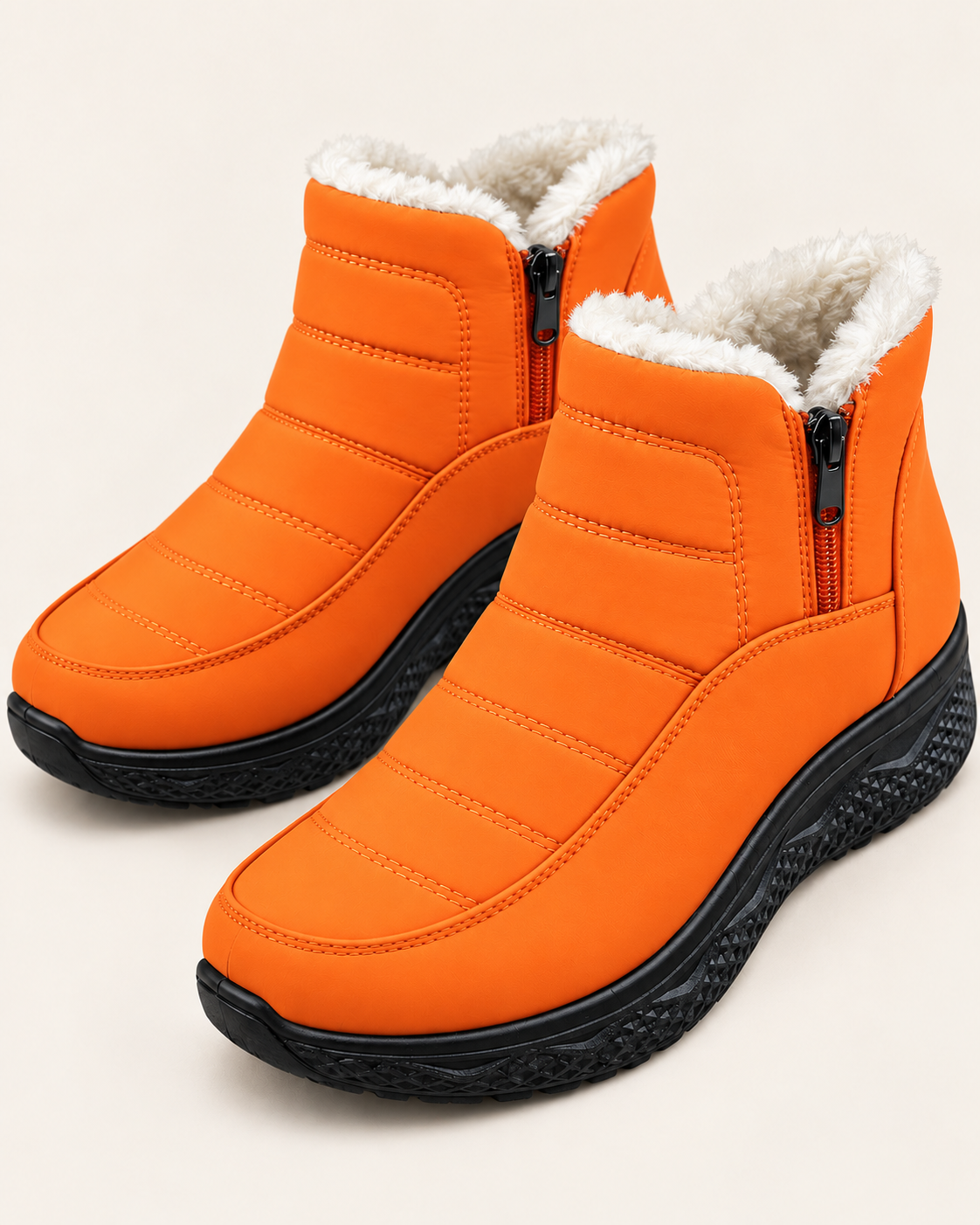Women's Plush Lined Quilted Ankle Boots with Front Zip in Orange