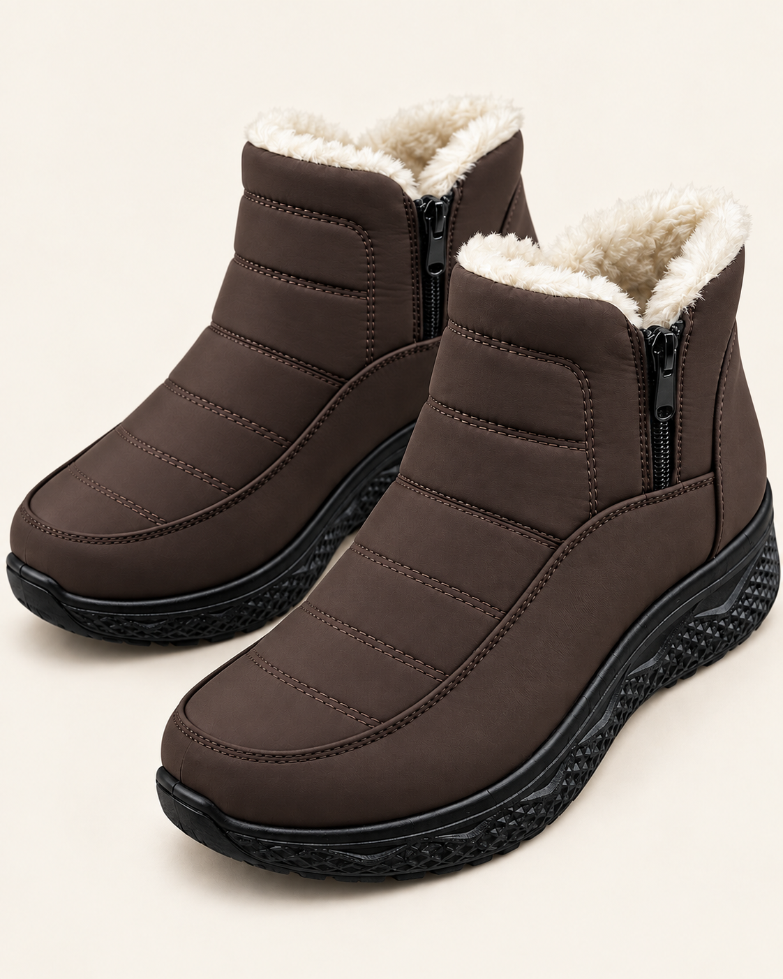 Women's Plush Lined Quilted Ankle Boots with Front Zip in Brown