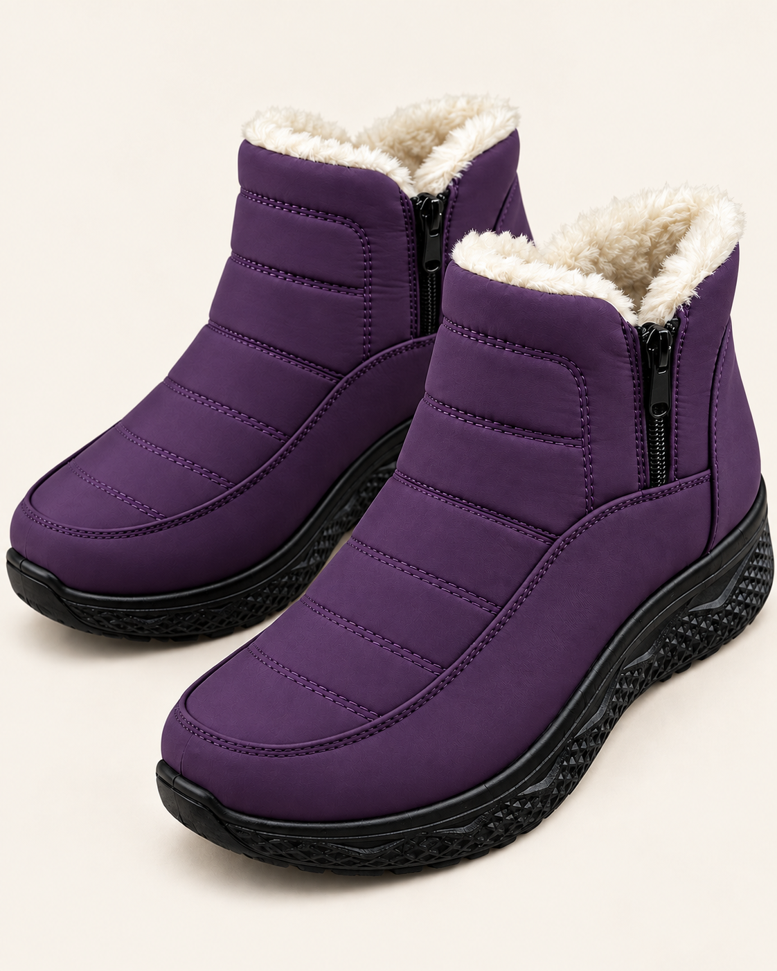 Women's Plush Lined Quilted Ankle Boots with Front Zip in Purple