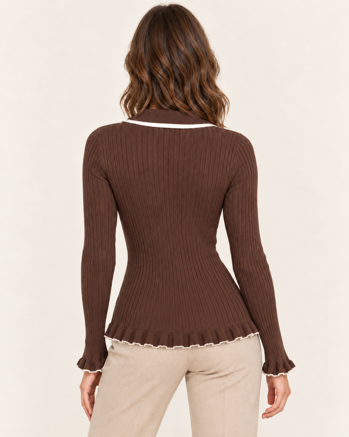 Women's Polo Collar Knit Jumper with Ruffle Hem