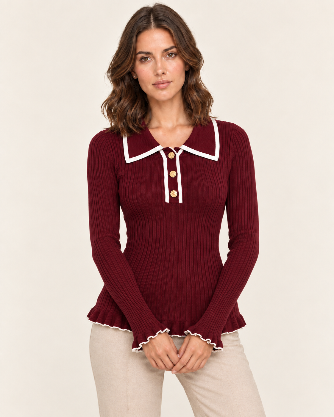 Women's Polo Collar Knit Jumper with Ruffle Hem in Burgundy
