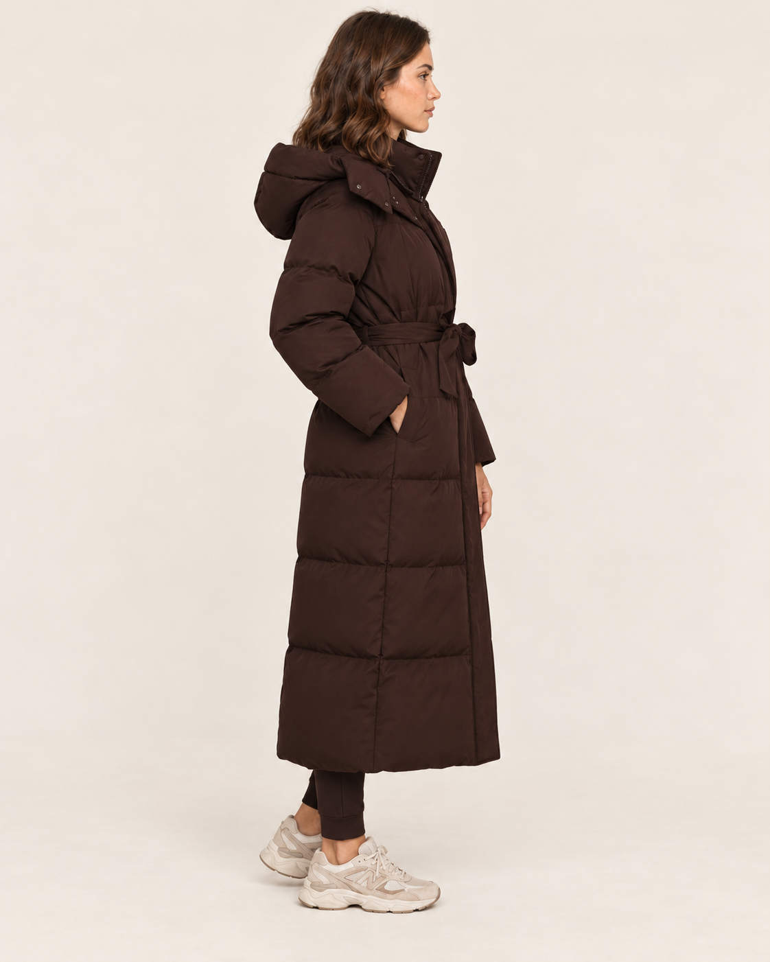 Women's Maxi Puffer Coat with Oversized Hood and Belt in Brown, side view