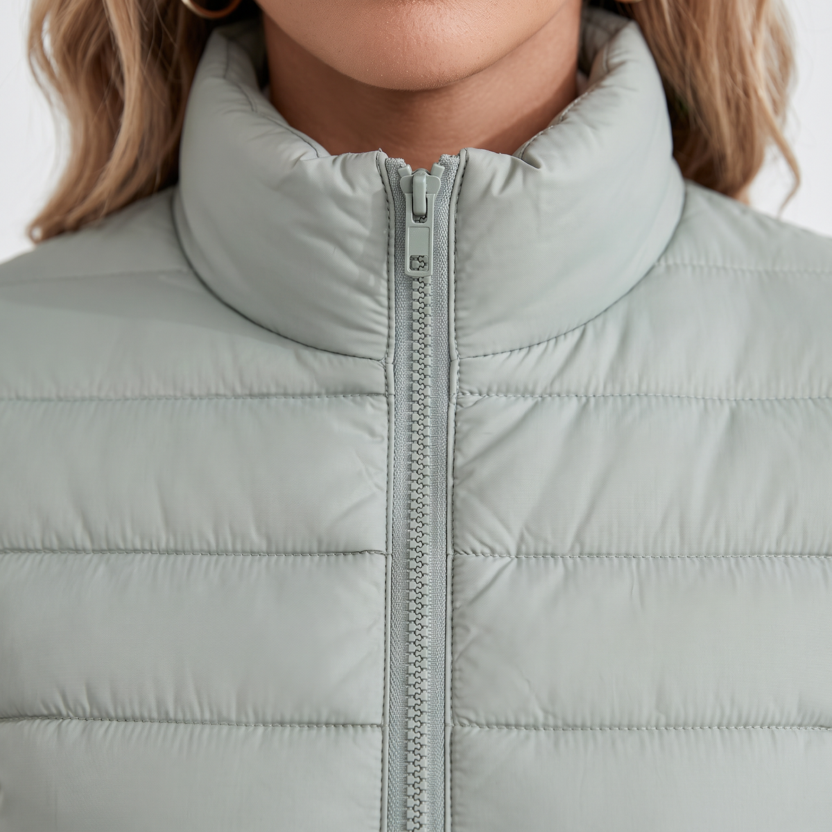 Women's Puffer Jacket — Stand Collar, Zip Front, Quilted, Casual Everyday Outerwear