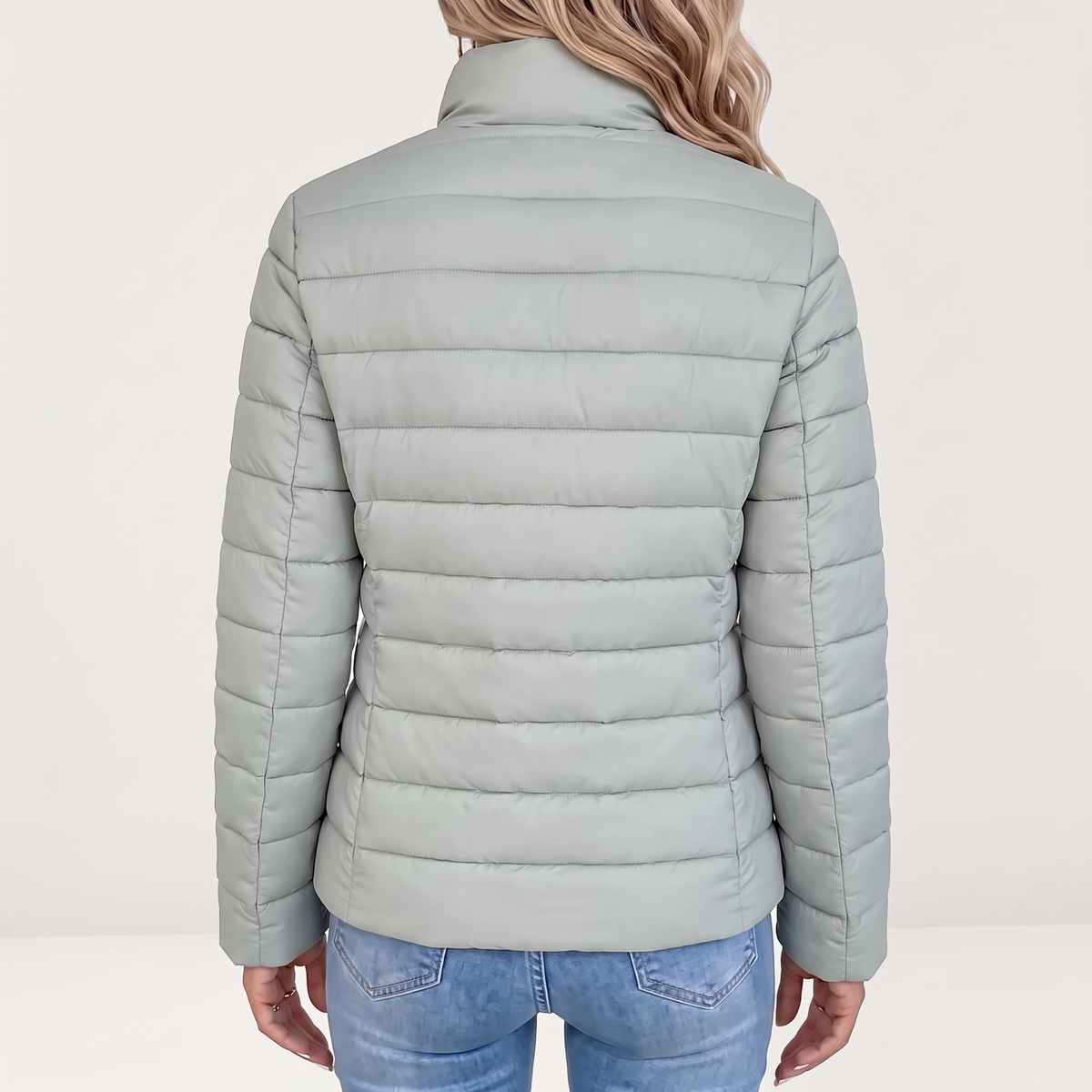Women's Puffer Jacket — Stand Collar, Zip Front, Quilted, Casual Everyday Outerwear