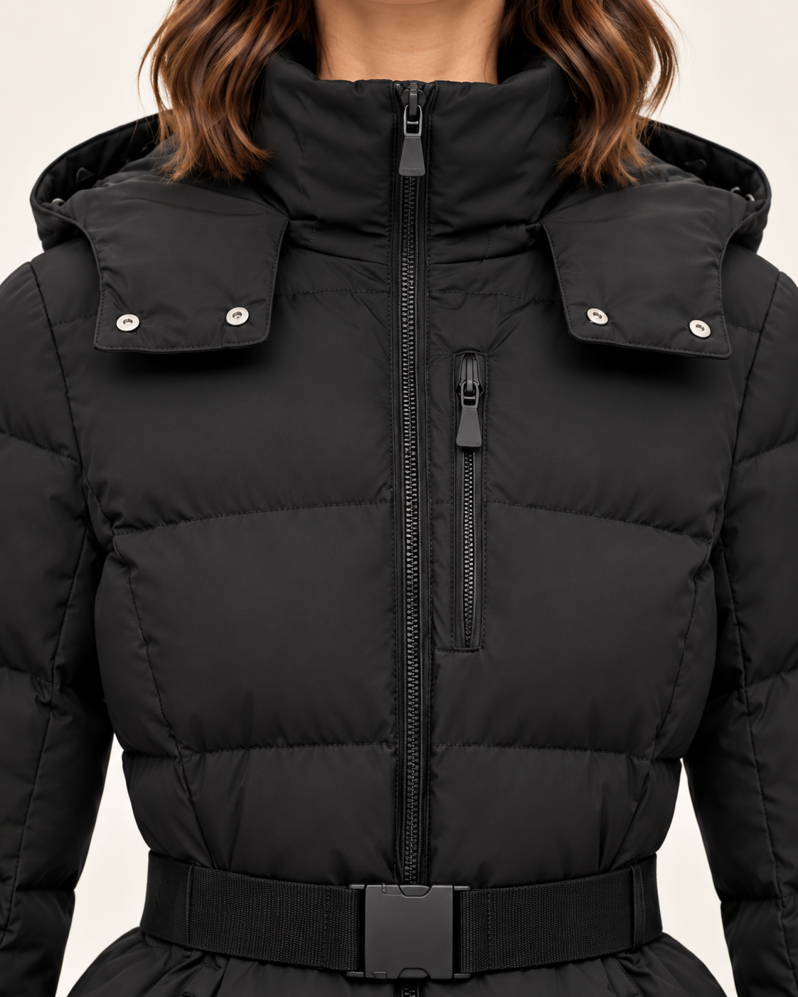 Women's Puffer Jacket with Belt and Detachable Hood in Black, view 2