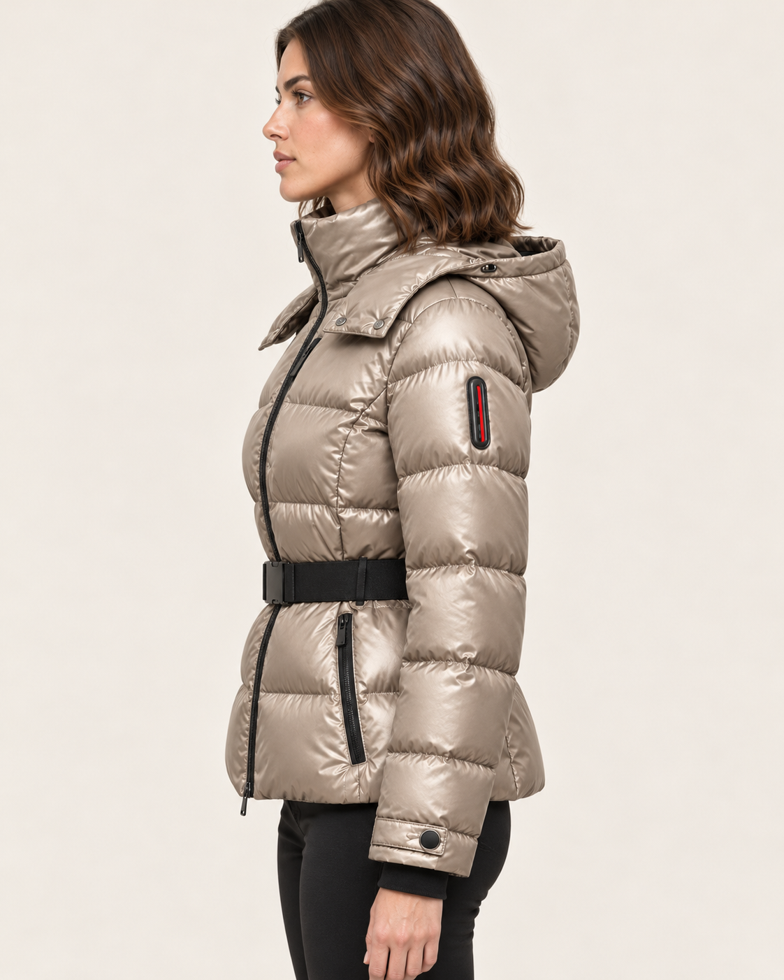 Women's Puffer Jacket with Belt and Detachable Hood in Taupe, view 2