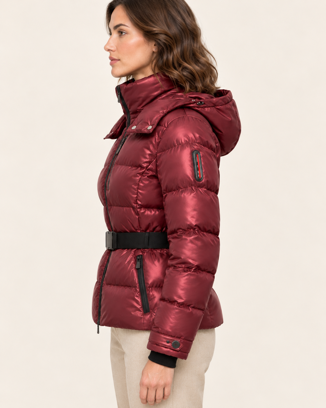 Women's Puffer Jacket with Belt and Detachable Hood in Burgundy, view 2