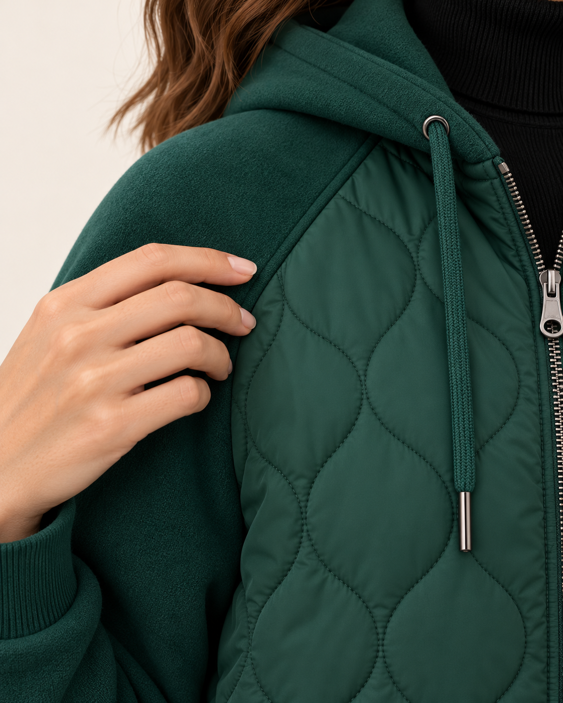 Women's Quilted Hooded Jacket With Fleece Sleeves in Dark Green, view 3
