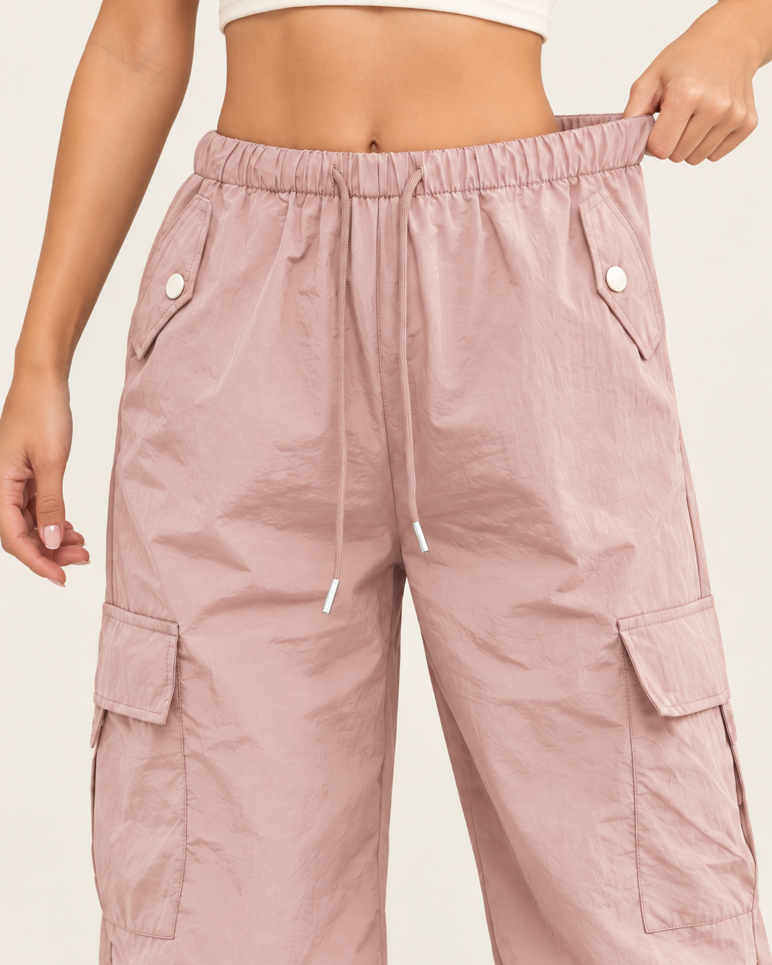 Women's Cargo Trousers with Drawstring Waist and Hem in Pink, waist and pocket detail