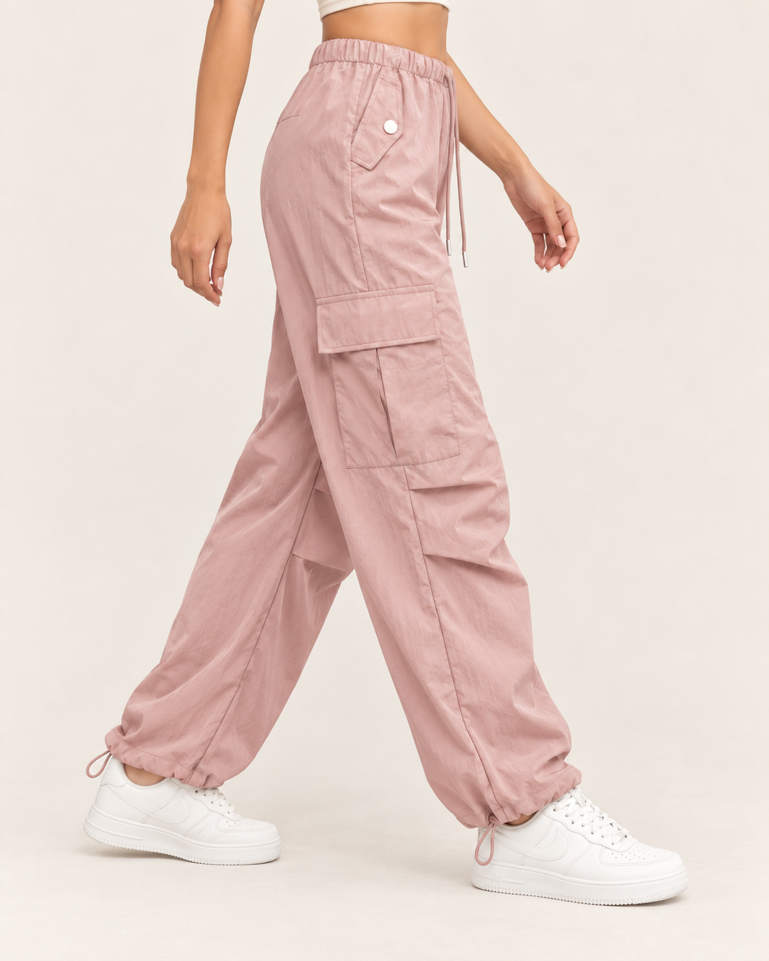 Women's Cargo Trousers with Drawstring Waist and Hem in Pink, side view