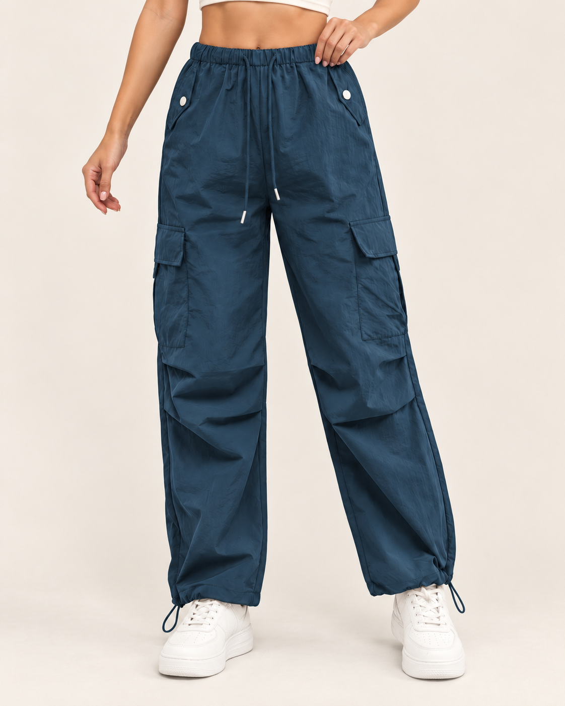 Women's Cargo Trousers with Drawstring Waist and Hem in Blue