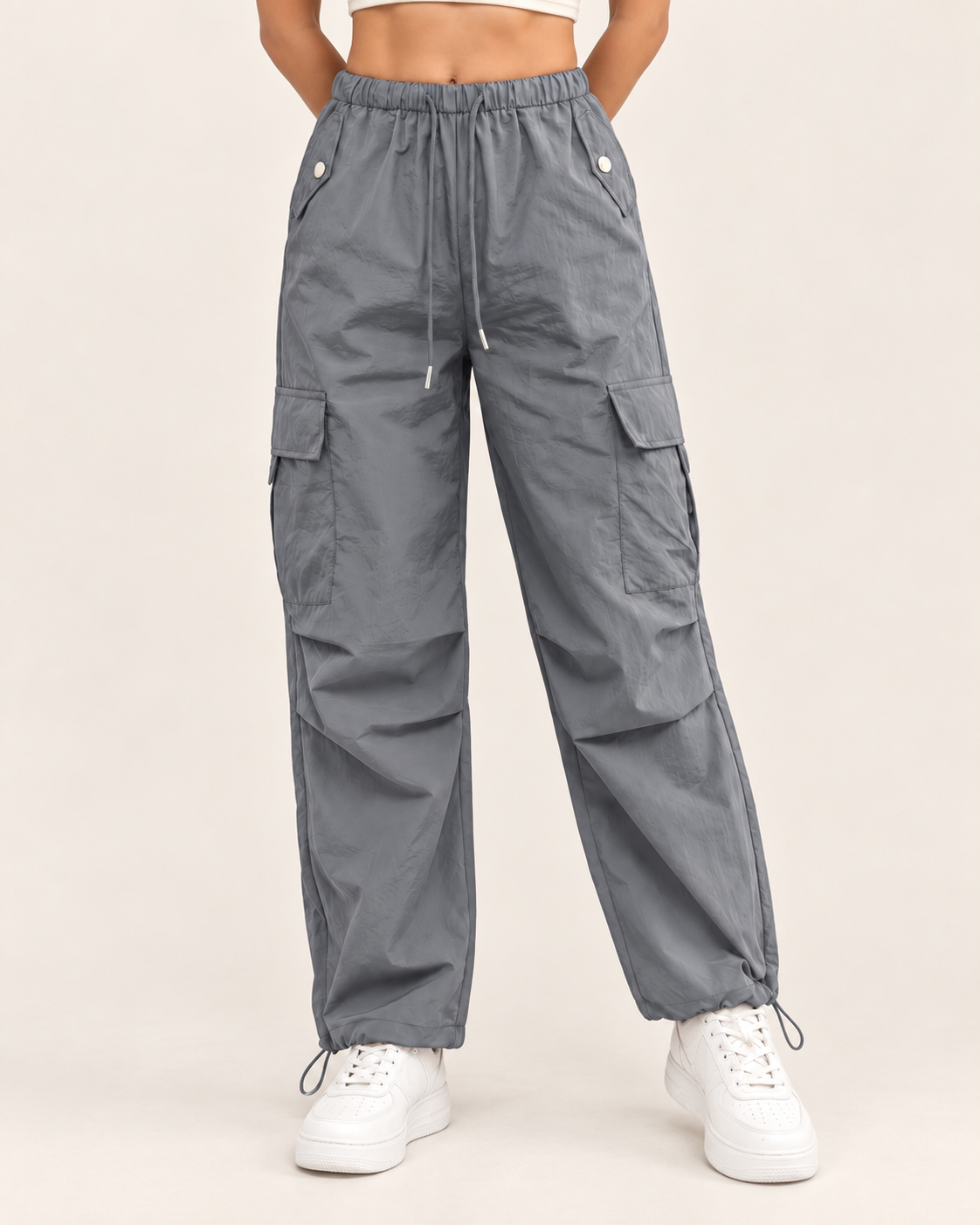 Women's Cargo Trousers with Drawstring Waist and Hem in Grey