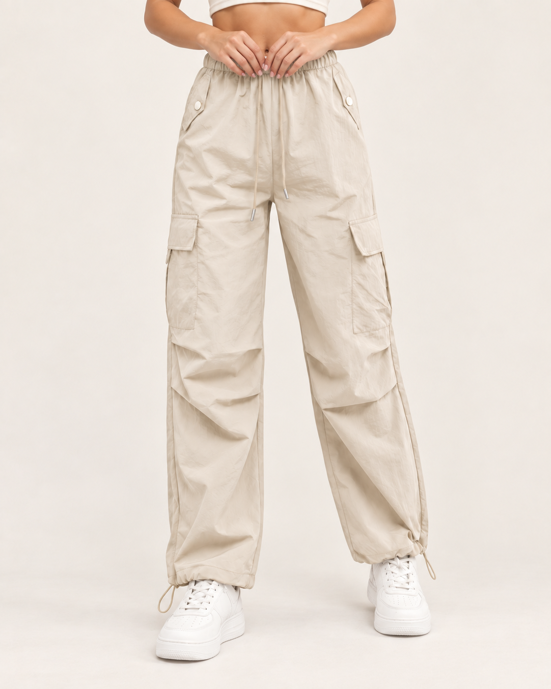 Women's Cargo Trousers with Drawstring Waist and Hem in Beige
