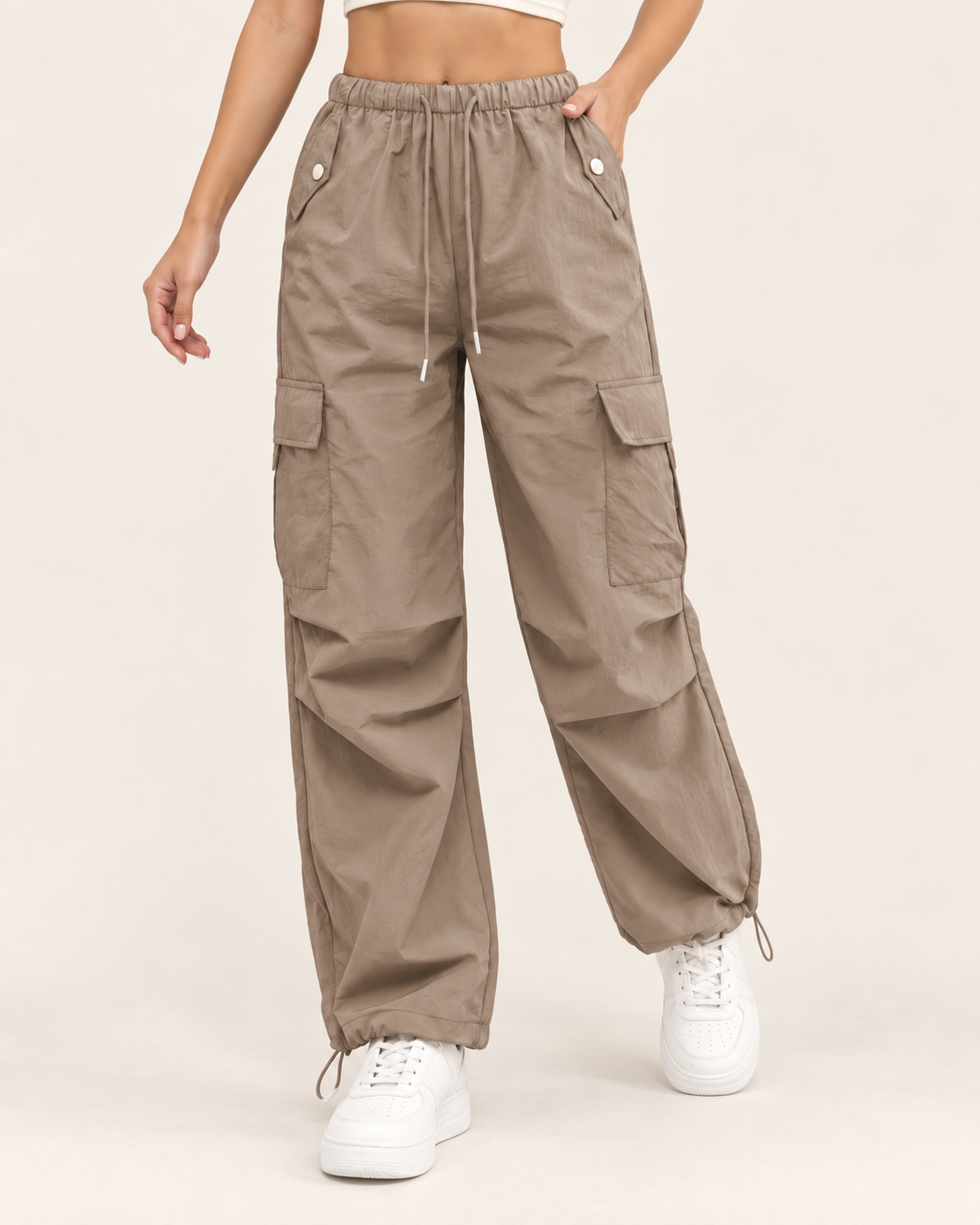 Women's Cargo Trousers with Drawstring Waist and Hem in Brown
