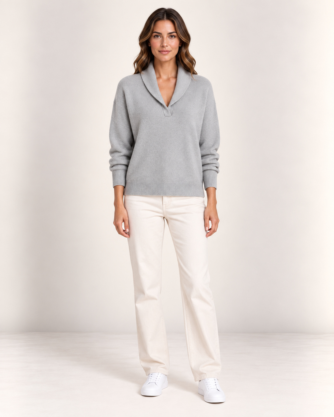 Women's Shawl Collar V Neck Jumper in Grey, full length