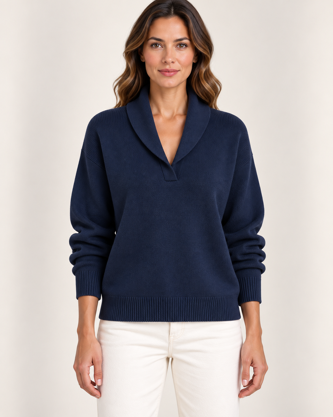 Women's Shawl Collar V Neck Jumper in Navy