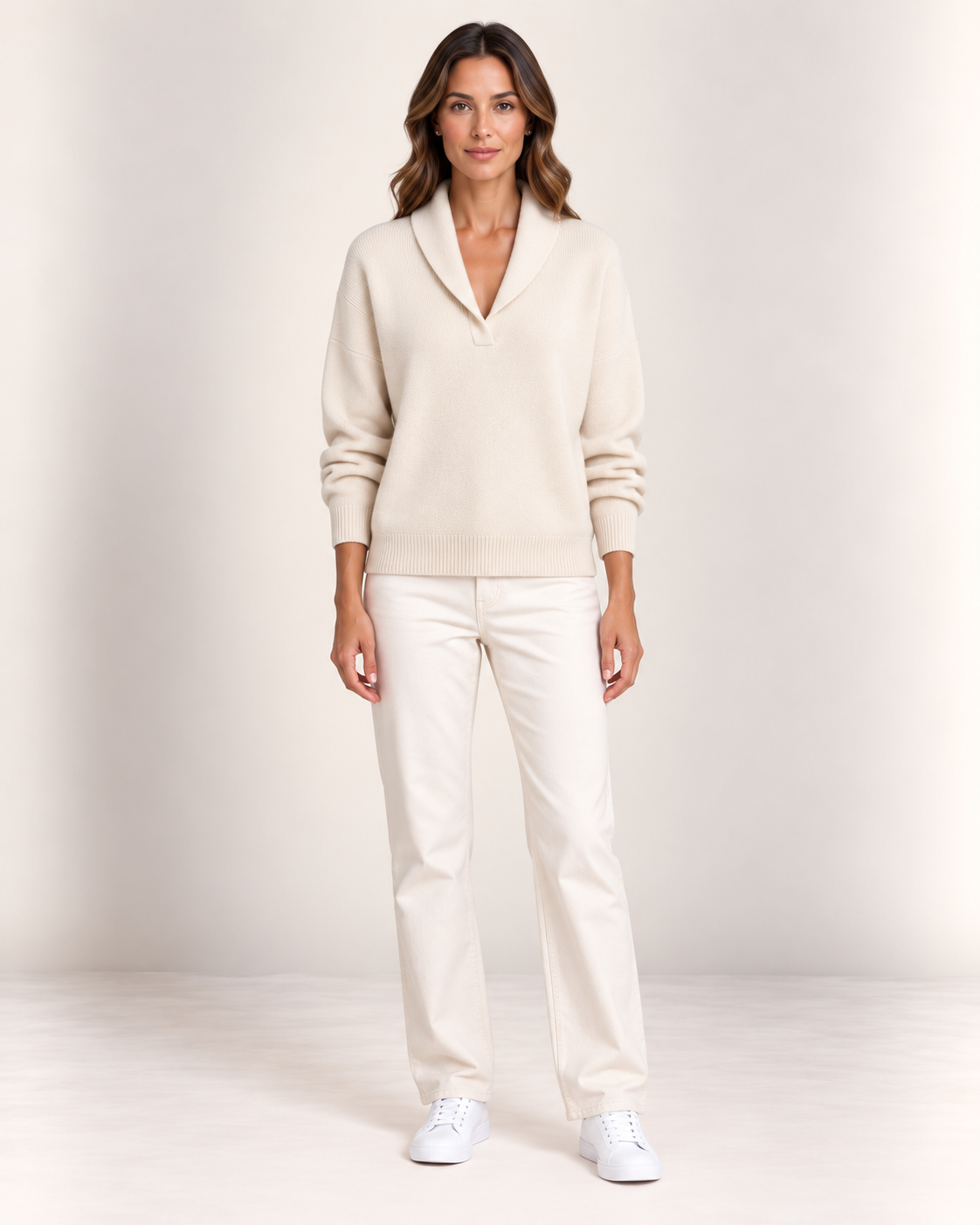 Women's Shawl Collar V Neck Jumper in Cream