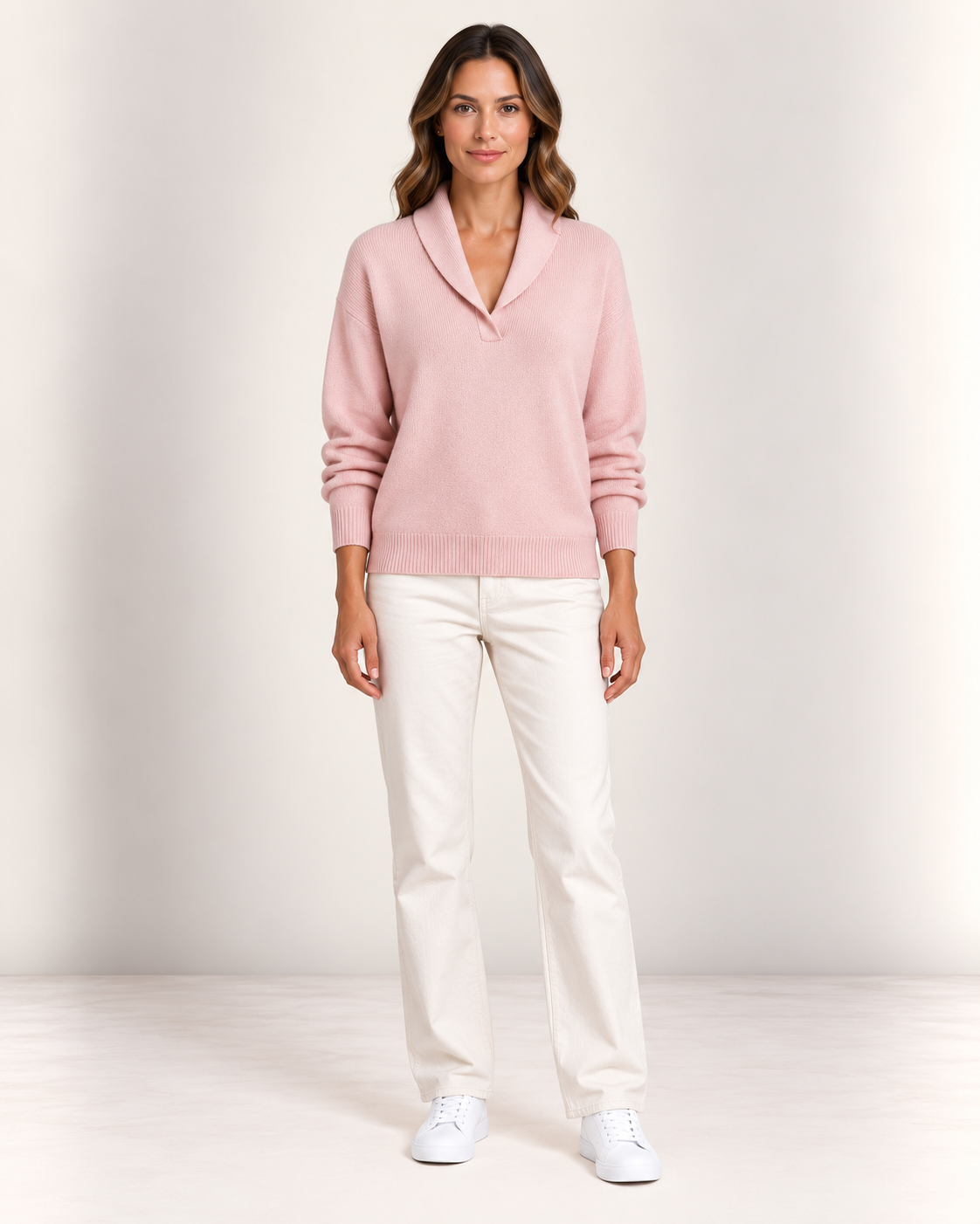 Women's Shawl Collar V Neck Jumper in Pink