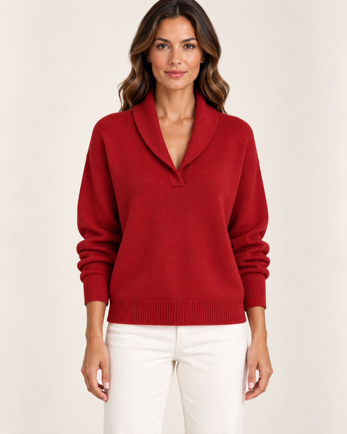 Women's Shawl Collar V Neck Jumper in Red