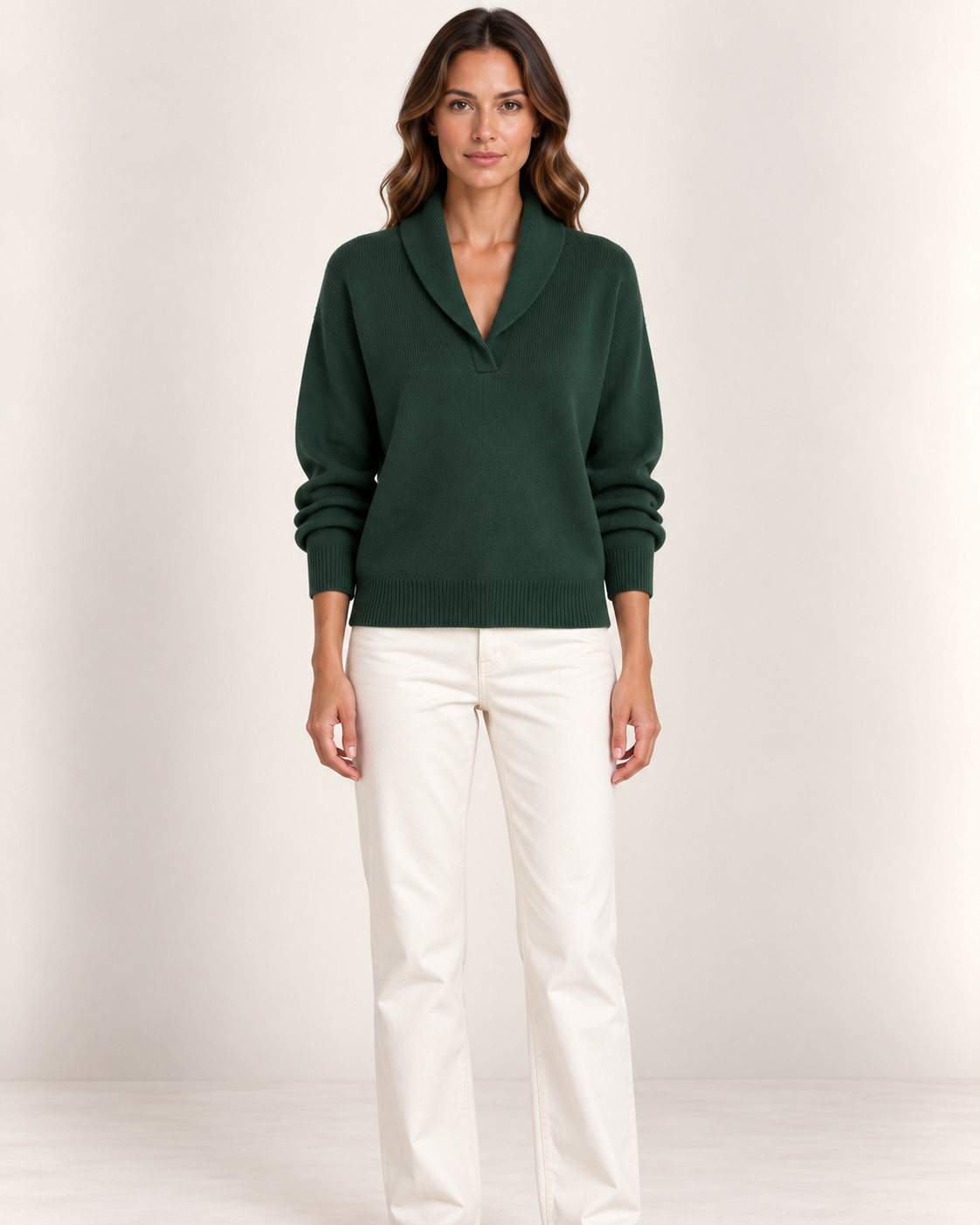 Women's Shawl Collar V Neck Jumper in Forest Green