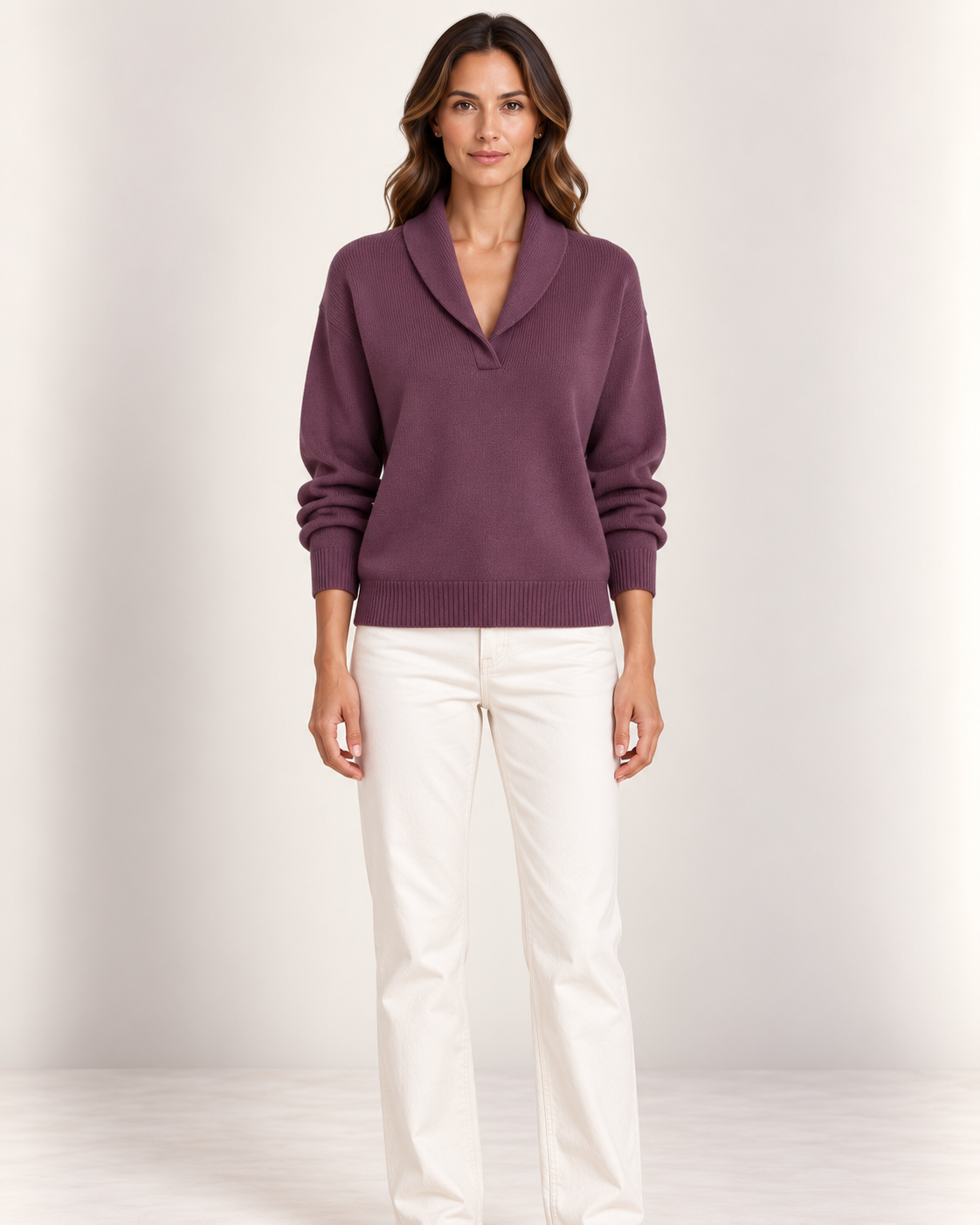 Women's Shawl Collar V Neck Jumper in Plum
