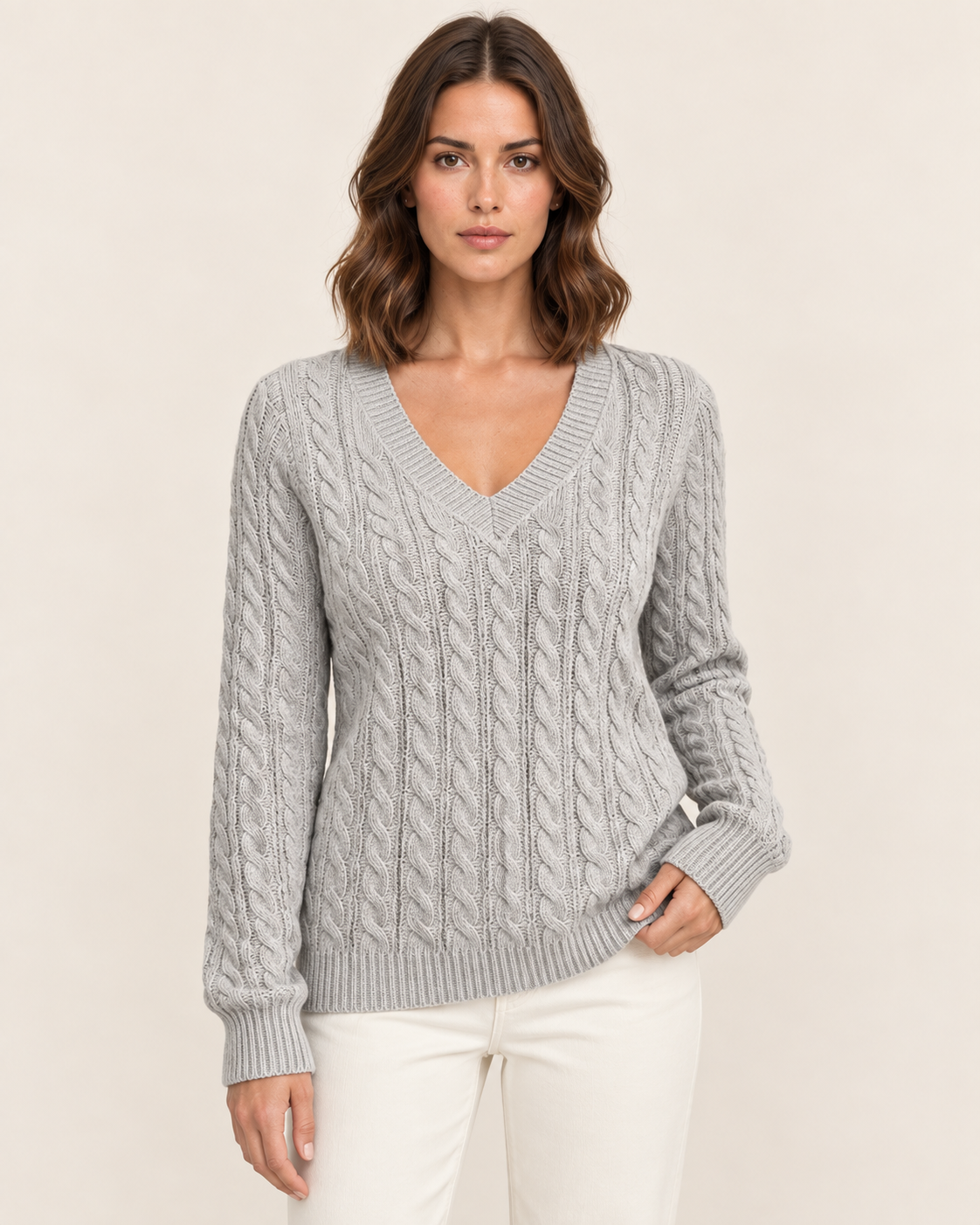 Women's Cable Knit V Neck Jumper in Grey
