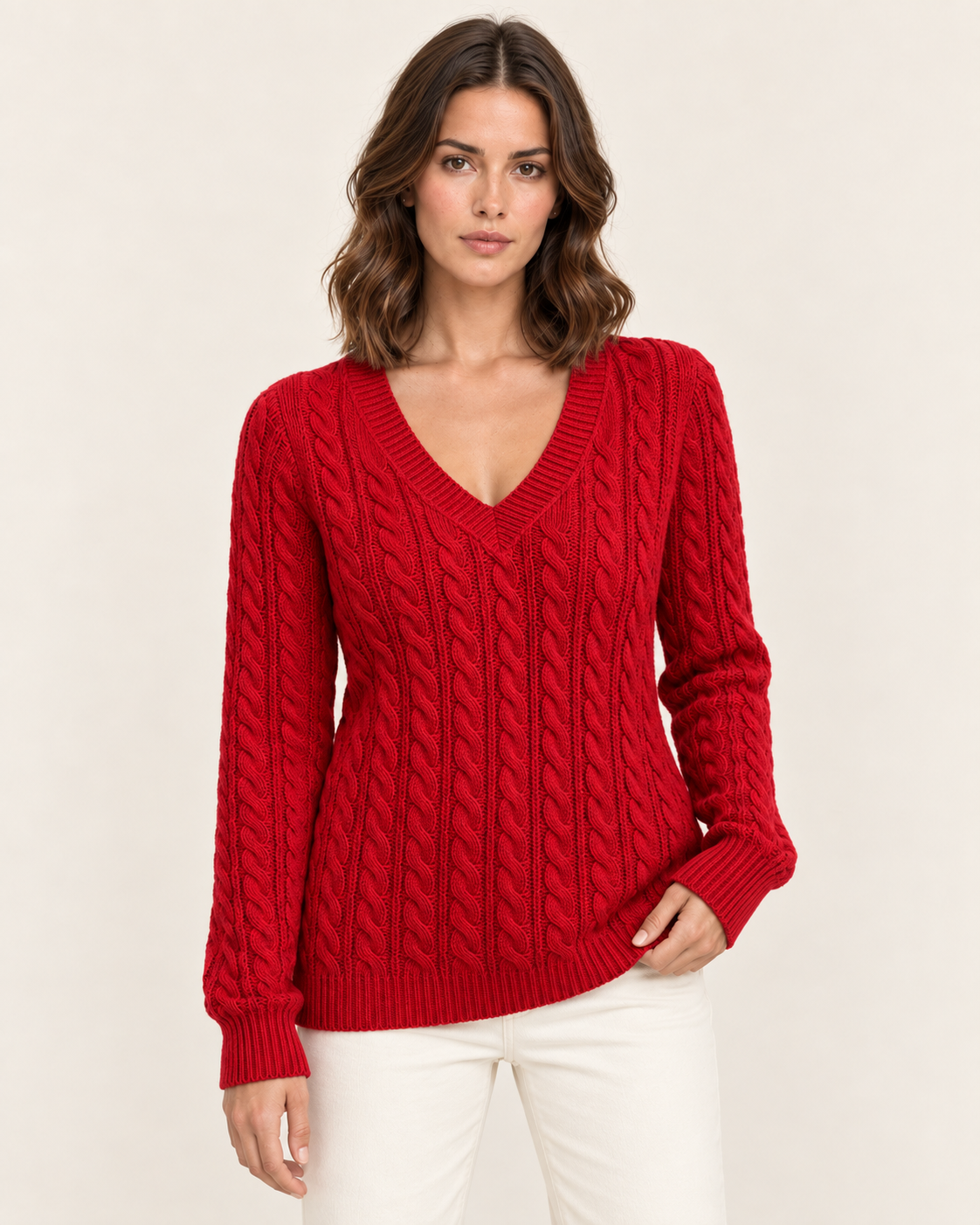 Women's Cable Knit V Neck Jumper in Red