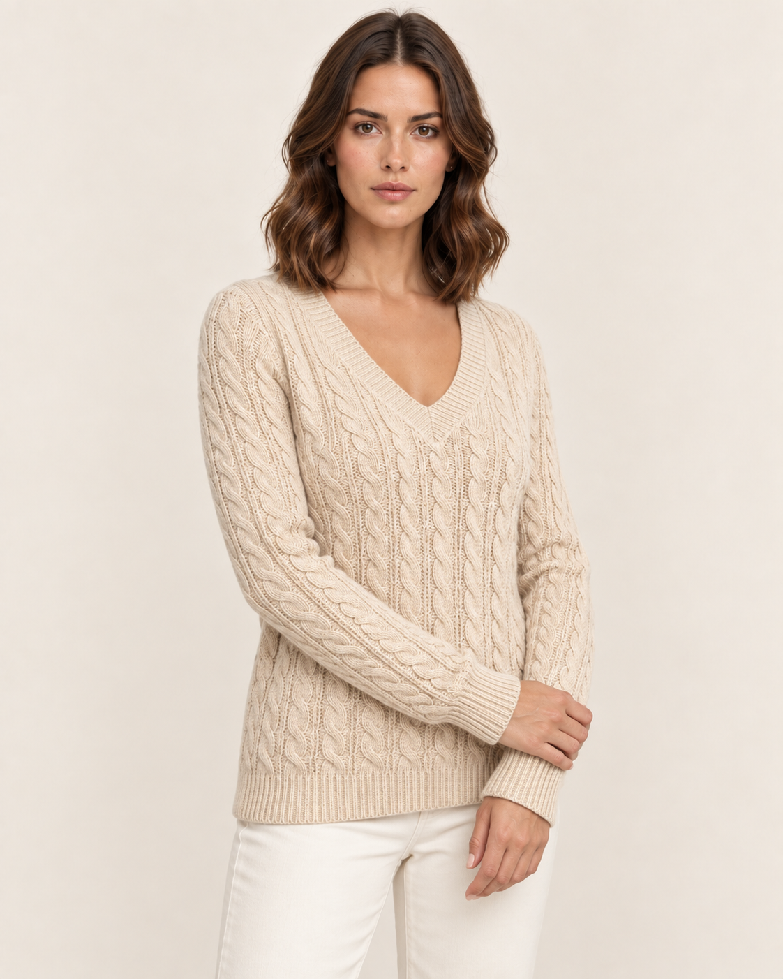 Women's Cable Knit V Neck Jumper in Beige