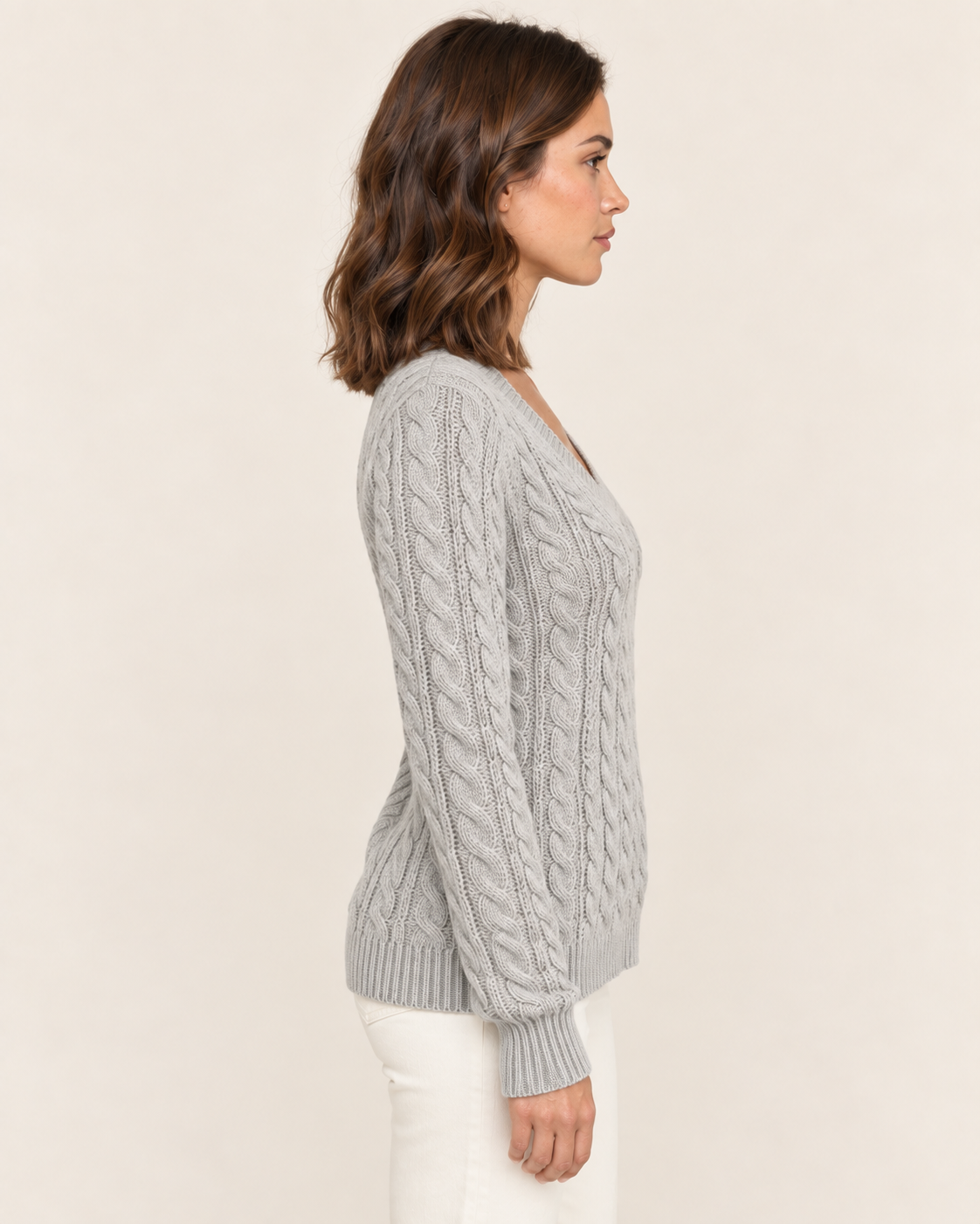 Women's Cable Knit V Neck Jumper in Grey, side view