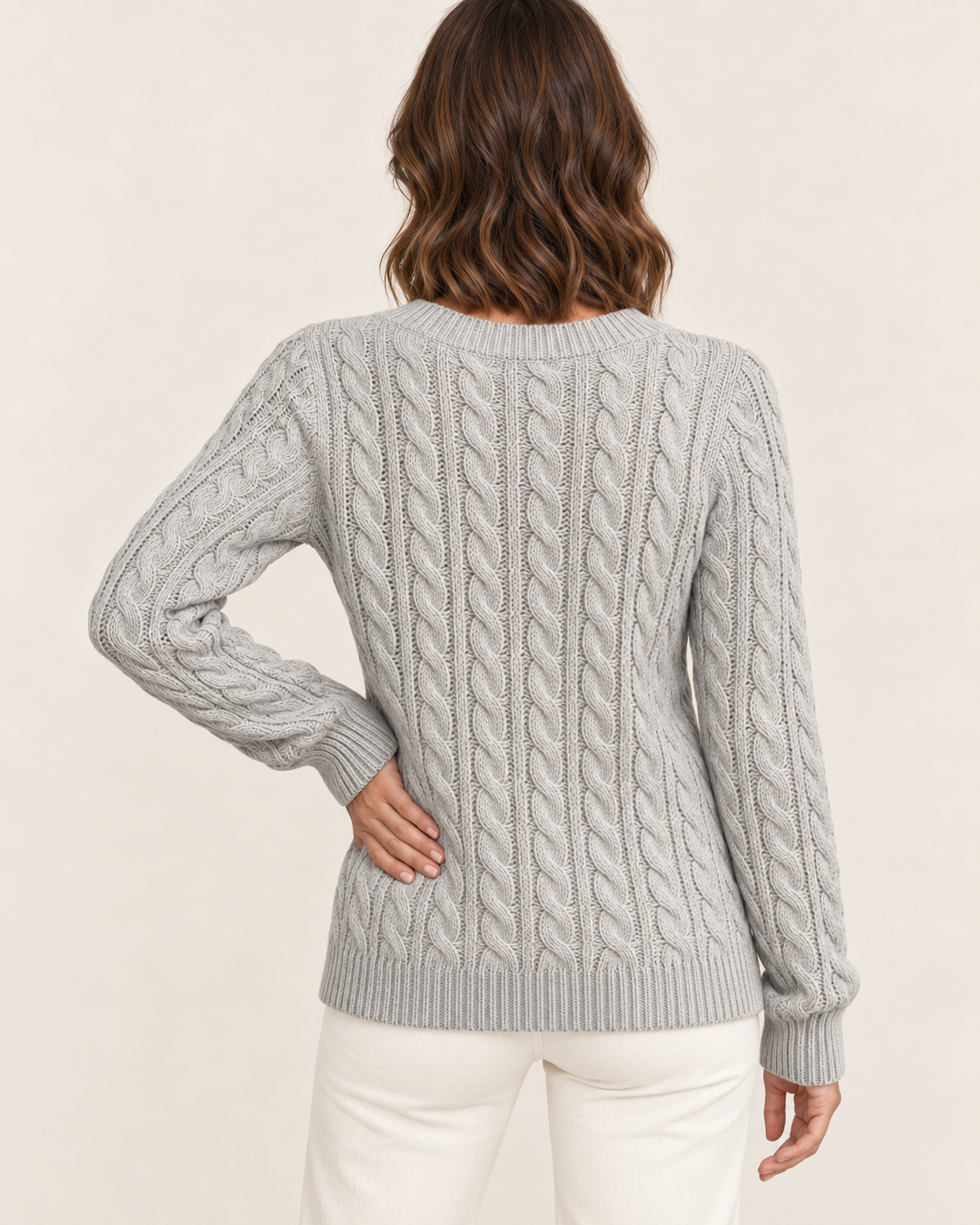 Women's Cable Knit V Neck Jumper in Grey, back view