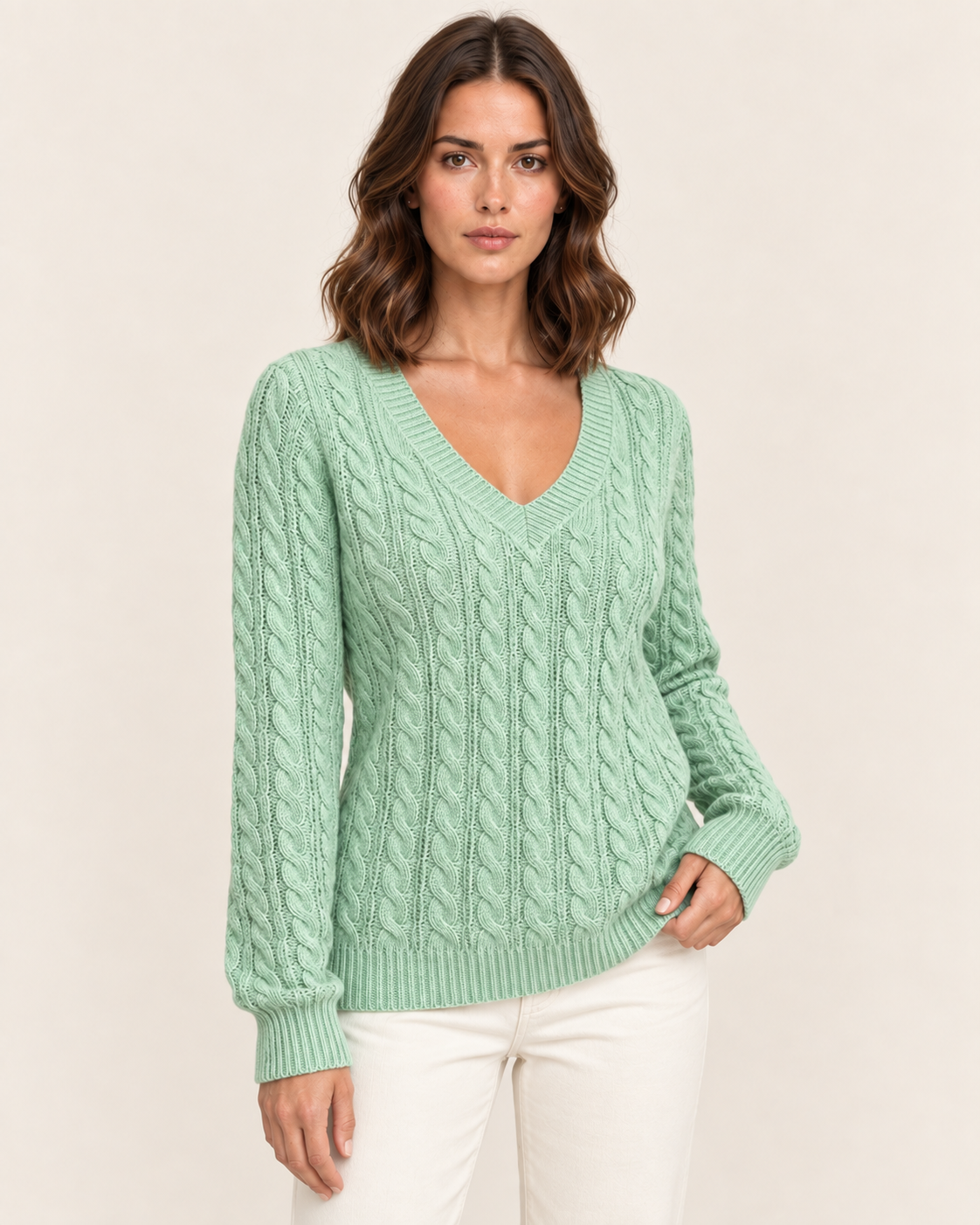 Women's Cable Knit V Neck Jumper in Light Green