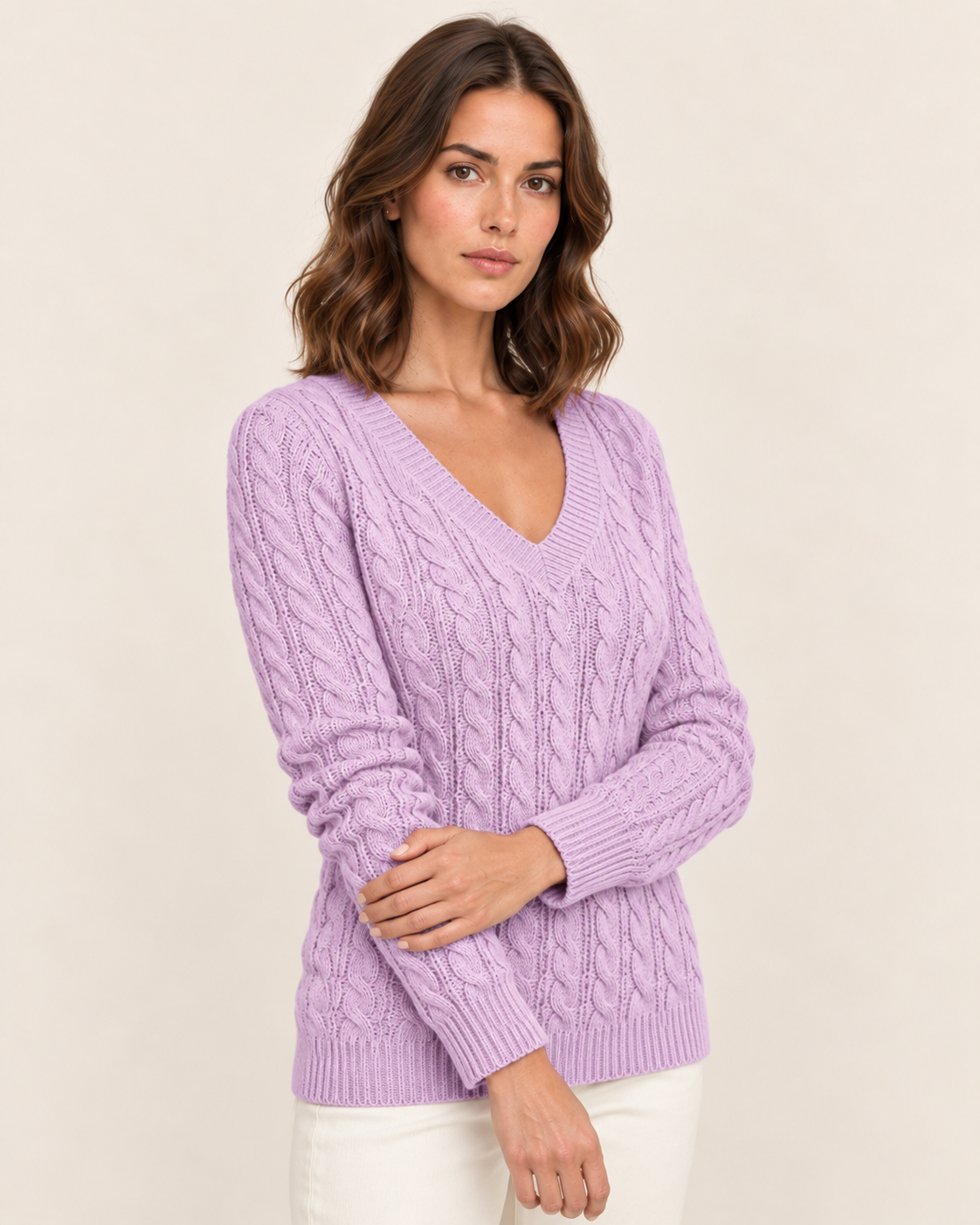 Women's Cable Knit V Neck Jumper in Lilac