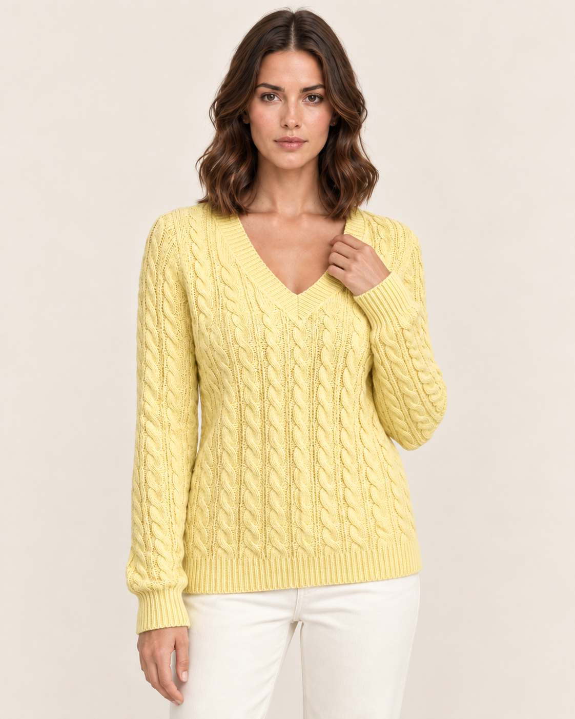 Women's Cable Knit V Neck Jumper in Yellow
