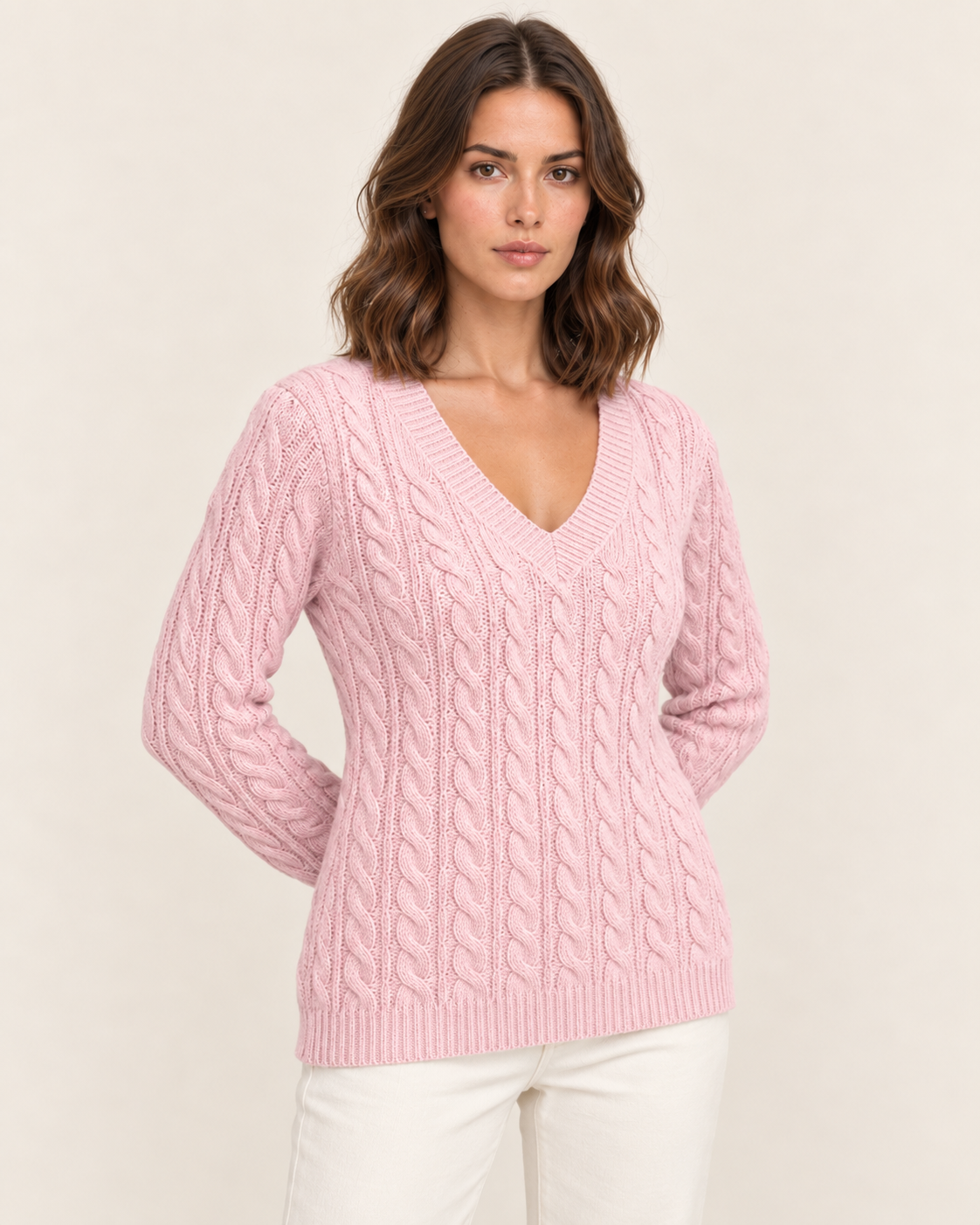 Women's Cable Knit V Neck Jumper in Pink