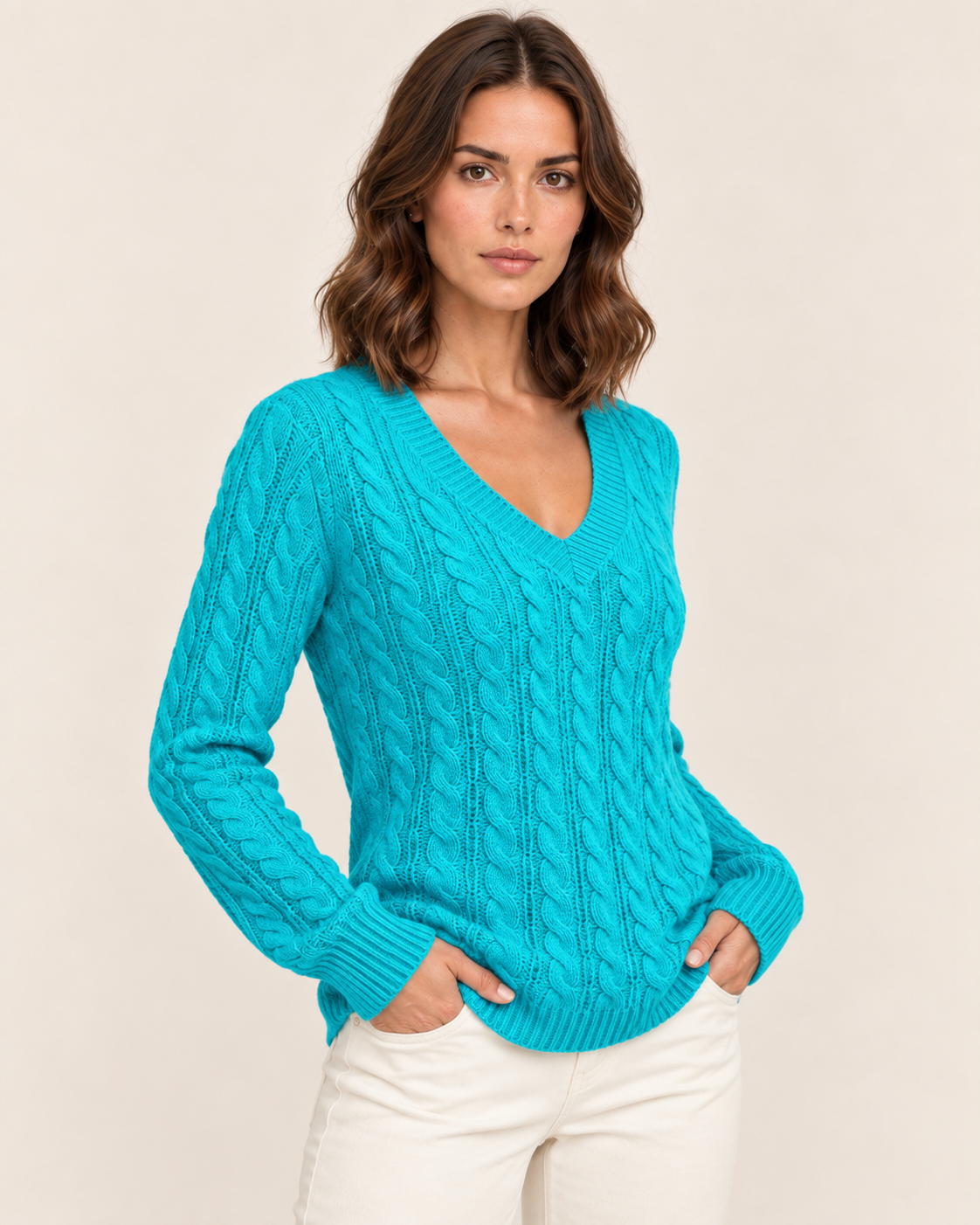 Women's Cable Knit V Neck Jumper in Turquoise