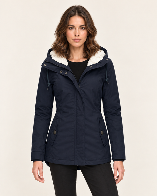 Women's Waterproof Sherpa Lined Hooded Parka Coat with Snap Pockets in Navy