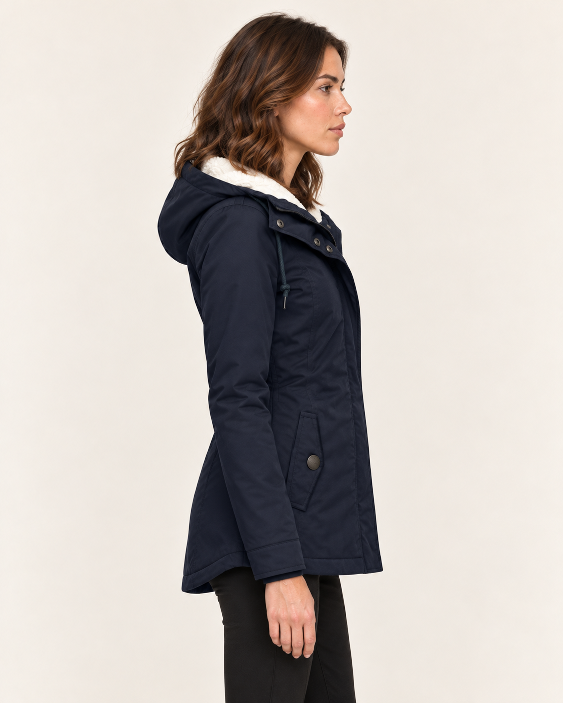 Women's Waterproof Sherpa Lined Hooded Parka Coat with Snap Pockets in Navy, side view