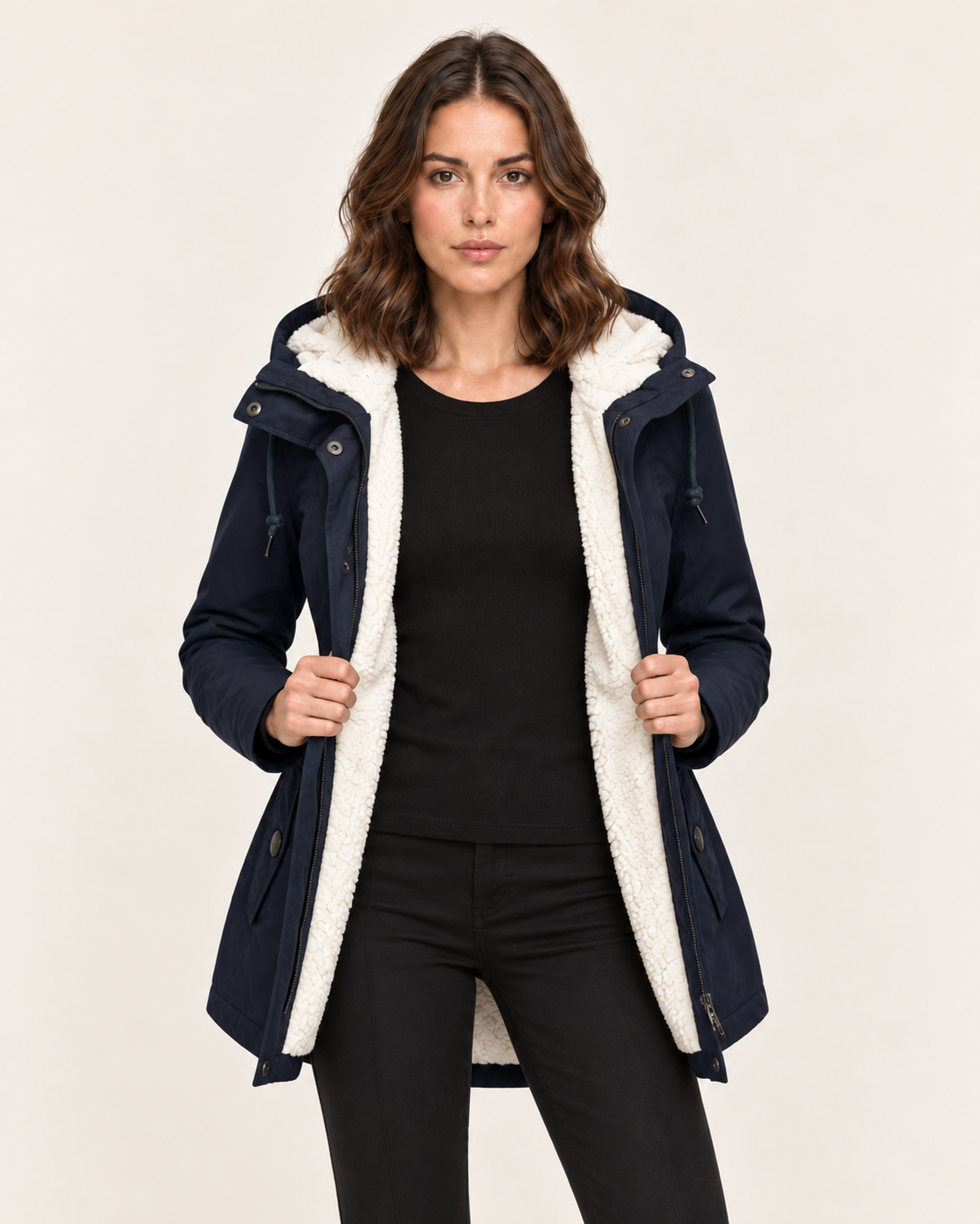 Women's Waterproof Sherpa Lined Hooded Parka Coat with Snap Pockets in Navy, open front