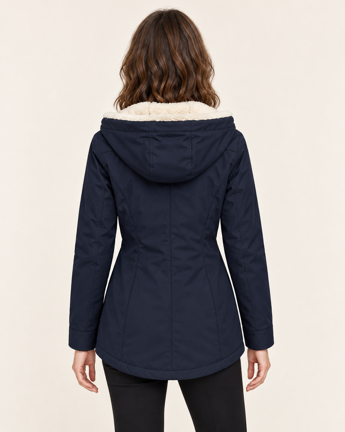 Women's Waterproof Sherpa Lined Hooded Parka Coat with Snap Pockets in Navy, back view