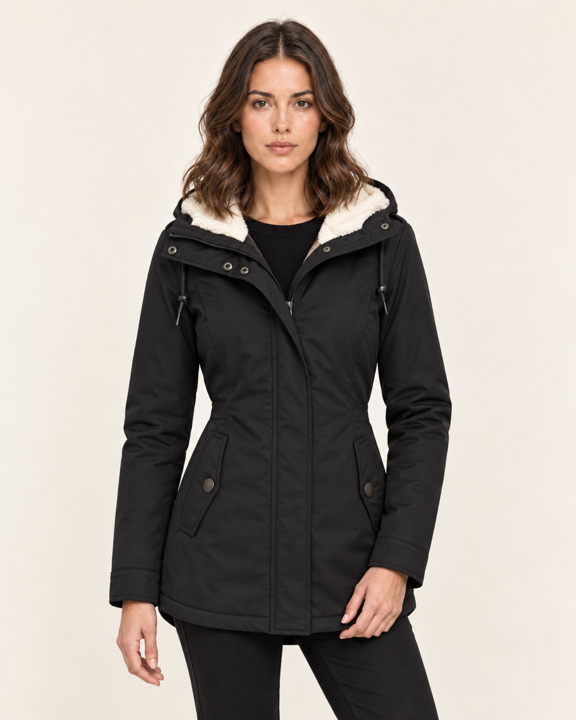 Women's Waterproof Sherpa Lined Hooded Parka Coat with Snap Pockets in Black