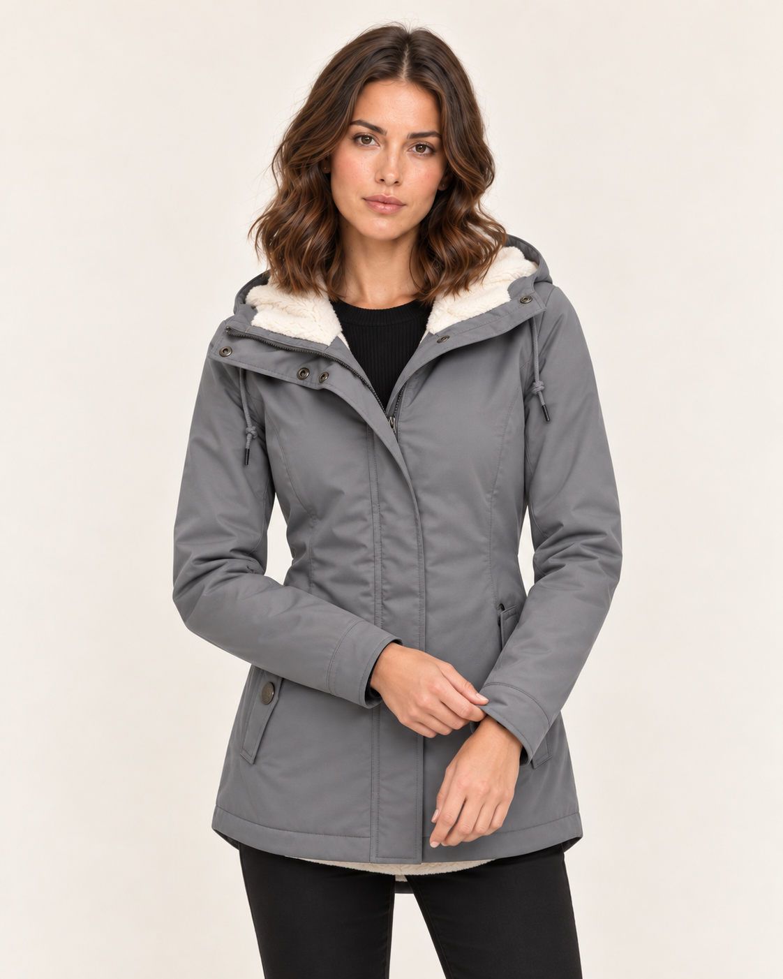 Women's Waterproof Sherpa Lined Hooded Parka Coat with Snap Pockets in Gray