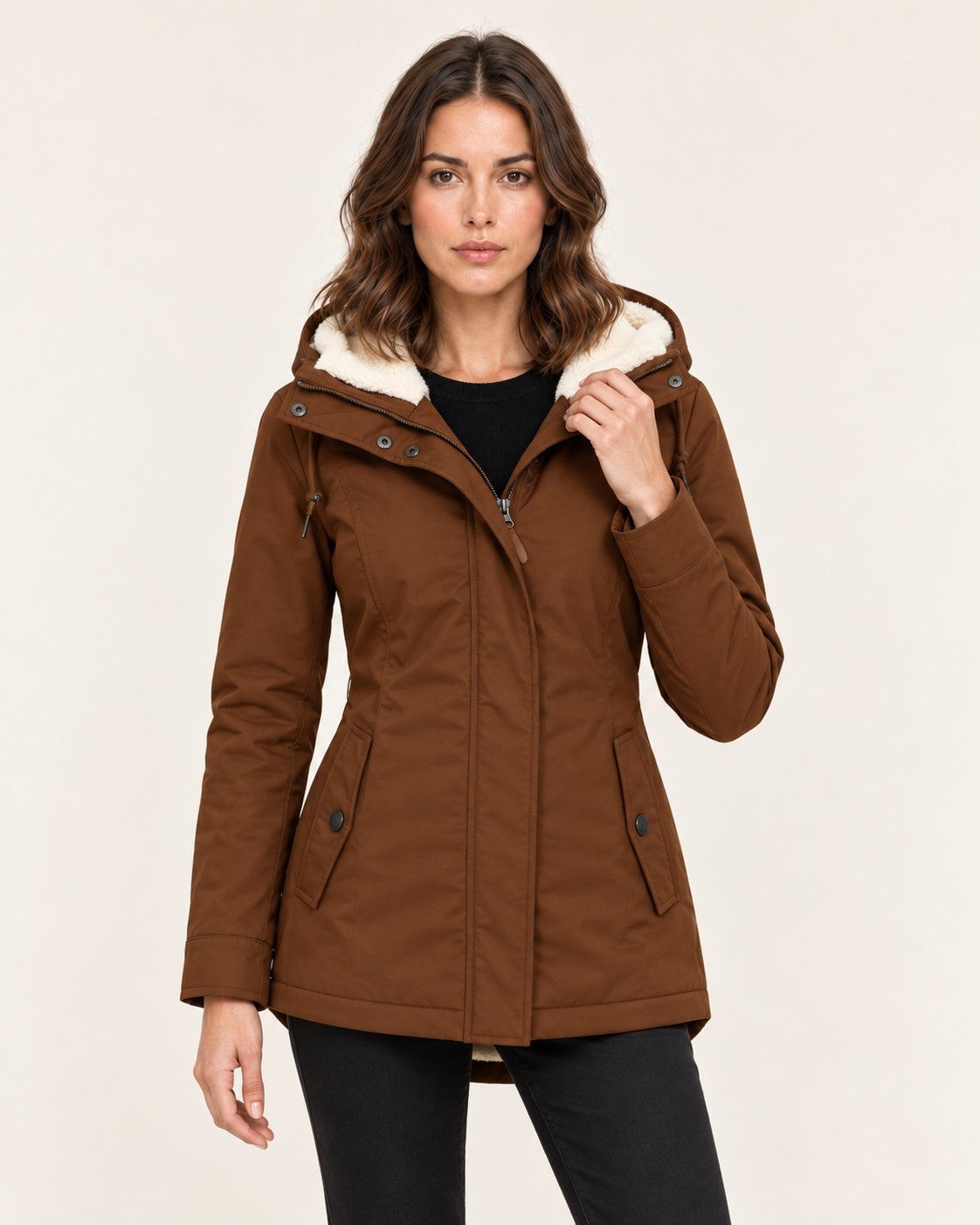 Women's Waterproof Sherpa Lined Hooded Parka Coat with Snap Pockets in Brown