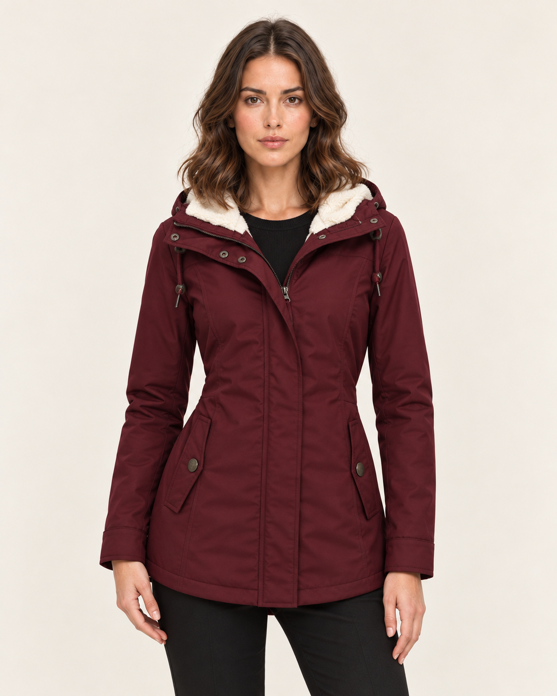 Women's Waterproof Sherpa Lined Hooded Parka Coat with Snap Pockets in Red